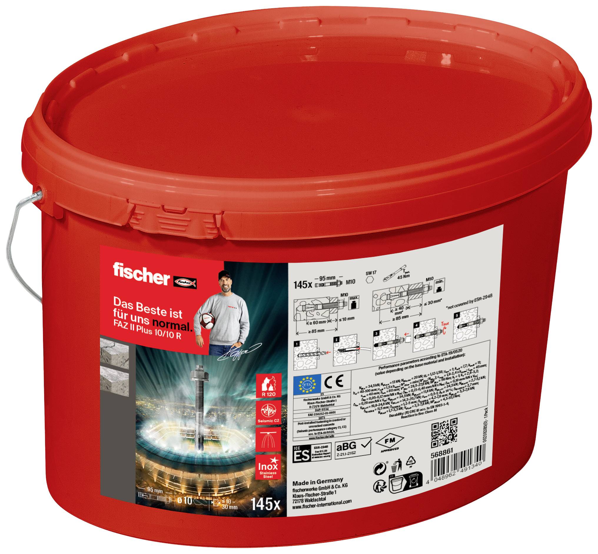 175 sztuk kołków rozporowych fischer FAZ II w czerwonym pojemniku z tworzywa sztucznego. Odpowiednie do mocowań ciężkich w betonie. Certyfikowane CE i ETA.