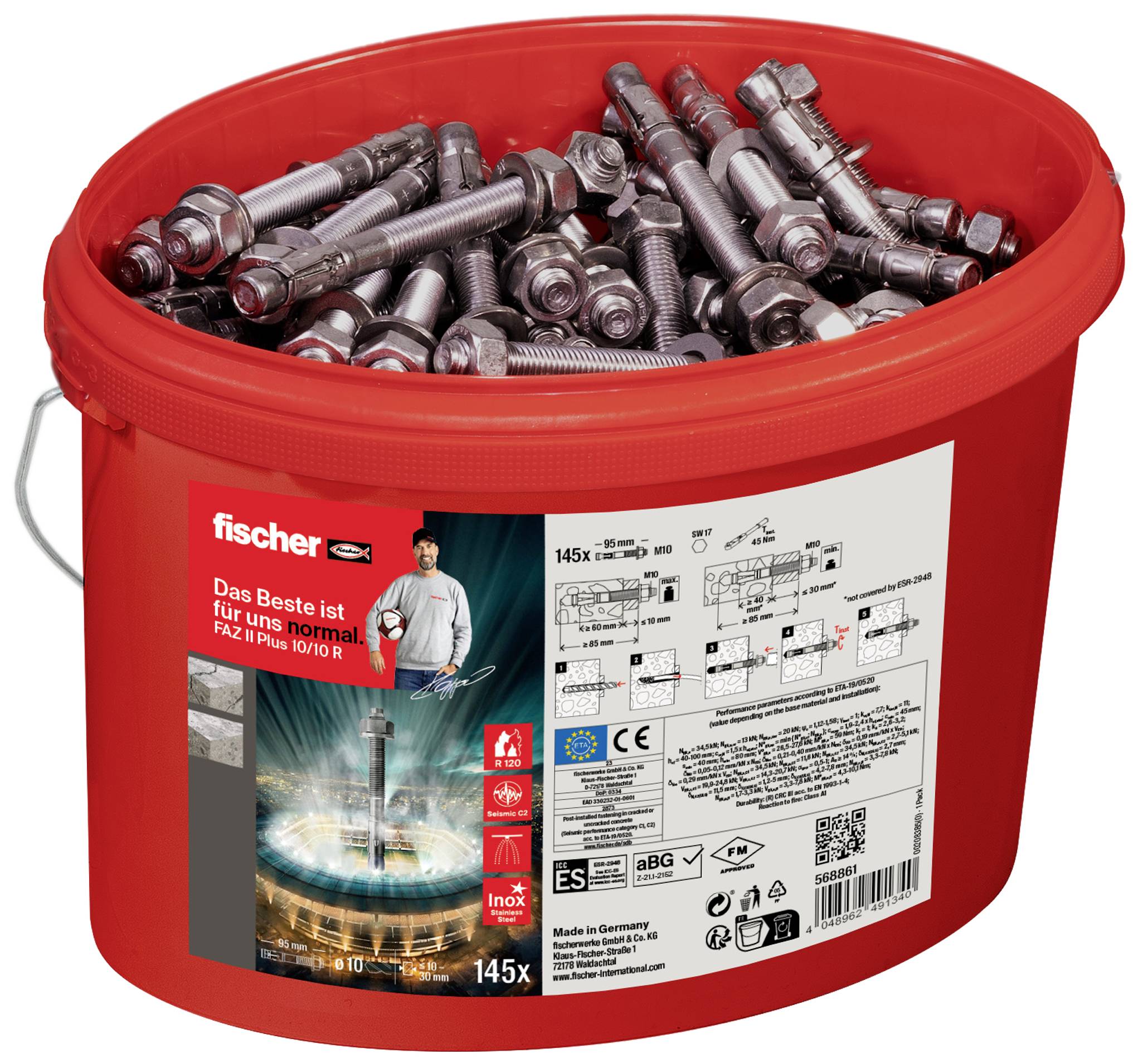 Czerwone wiadro z kotwami Fischer FAZ II, 145 sztuk. Diagram zastosowań i szczegóły techniczne na etykiecie.