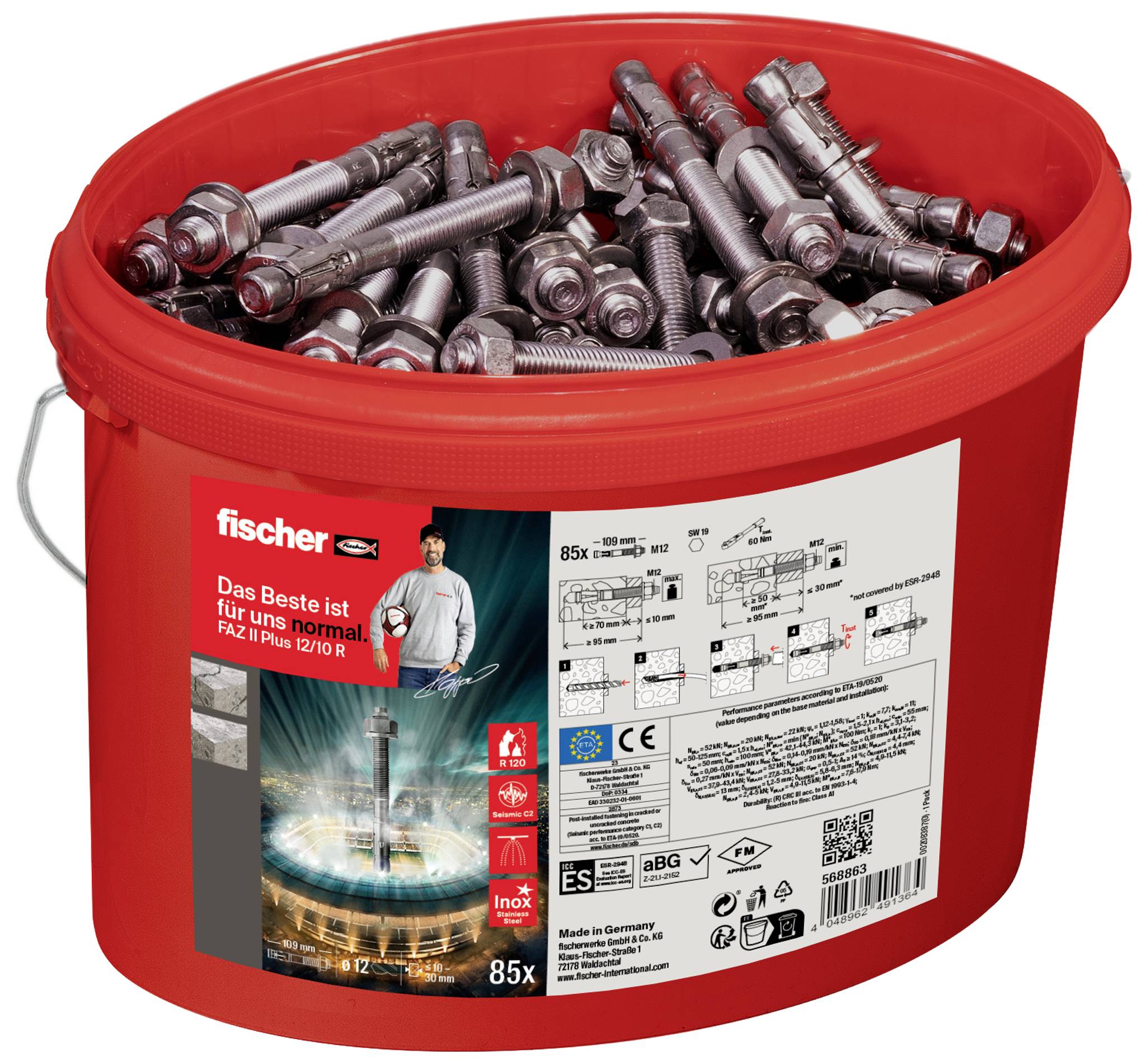 Czerwone wiadro zawierające 85 kotew metalowych Fischer, model FAZ II Plus 12/10 R. Etykieta przedstawia szczegóły techniczne i wskazówki dotyczące zastosowania.