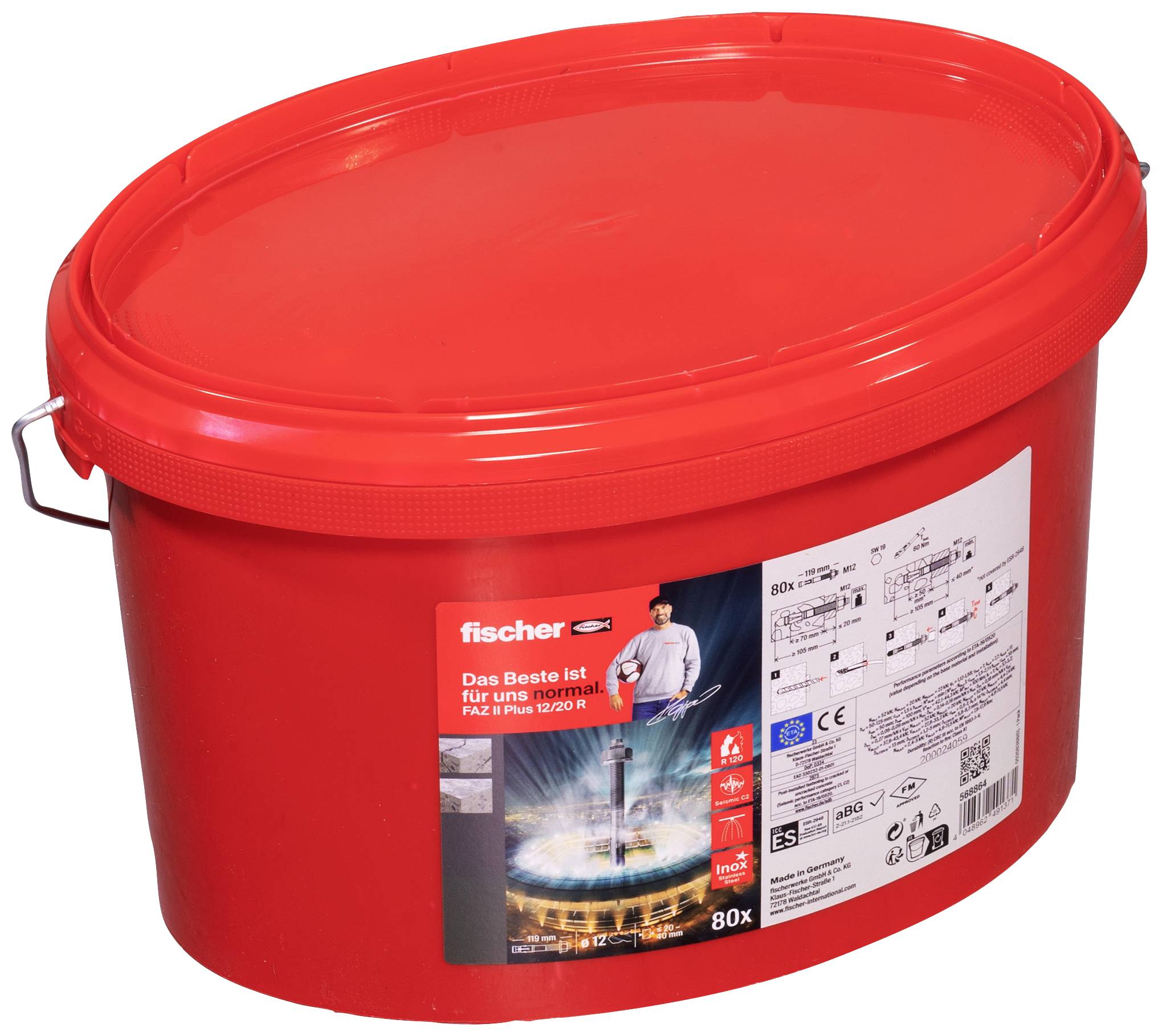 Czerwone wiadro z logo Fischera, z napisem 'Dla nas najlepsze jest dokładnie odpowiednie', zawiera 80 kotwic, ilustracja mężczyzny z młotkiem.