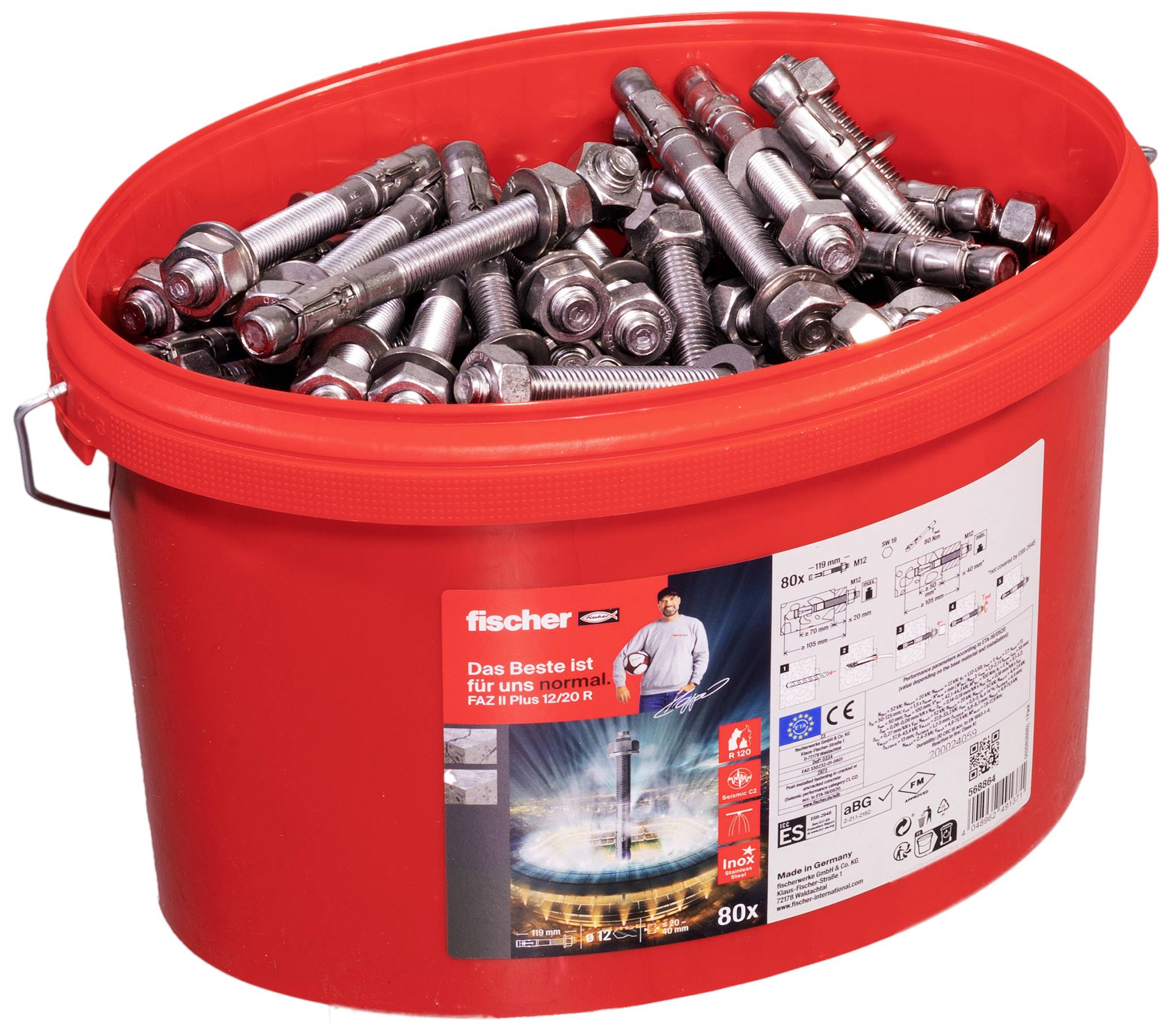 Czerwione wiadro z 80 kotwami Fischer FAZ II Plus. Na wiaderku znajduje się etykieta z danymi produktu i ilustracjami zastosowań.
