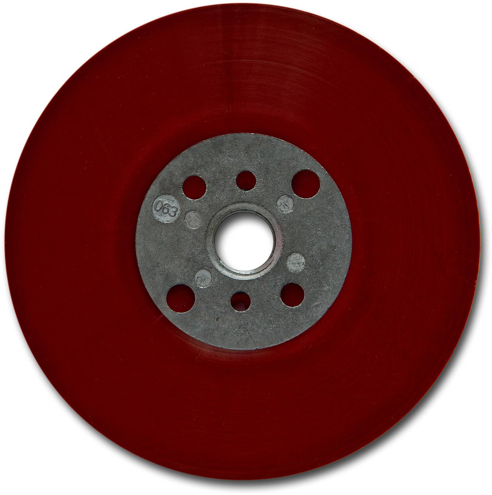Czerwona, okrągła tarcza szlifierska z wzorem otworów pośrodku, używana do szlifowania różnych materiałów.