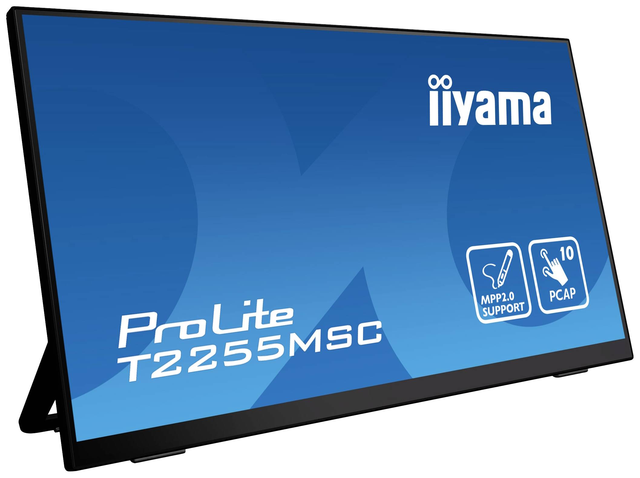 Monitor z napisem 'iiyama ProLite T2255MSC'. Wyróżnione funkcjonalne cechy takie jak 'WSPARCIE MPP2.0' oraz '10 PCAP'.
