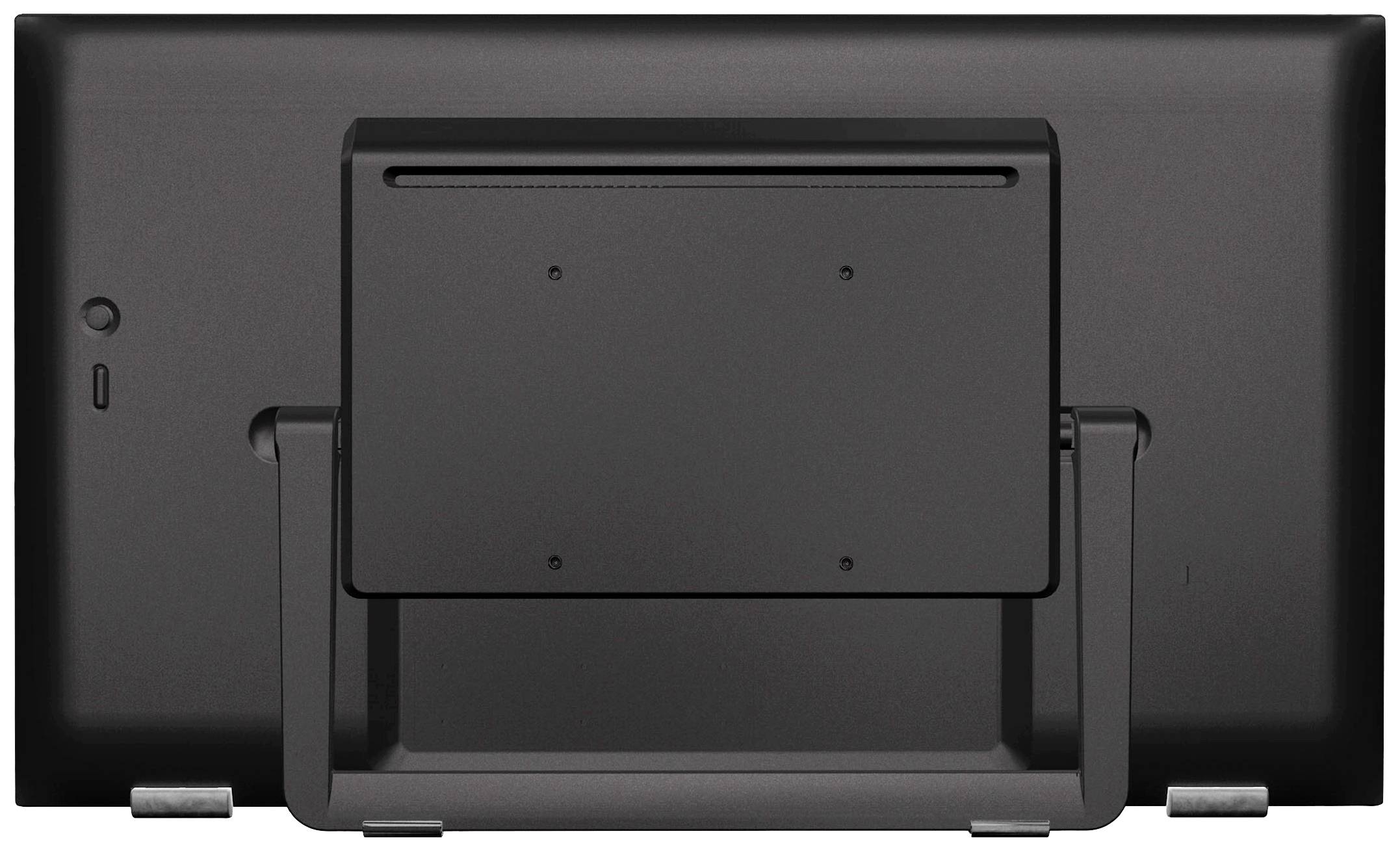 Widok z tyłu czarnego monitora ze stabilną podstawą.