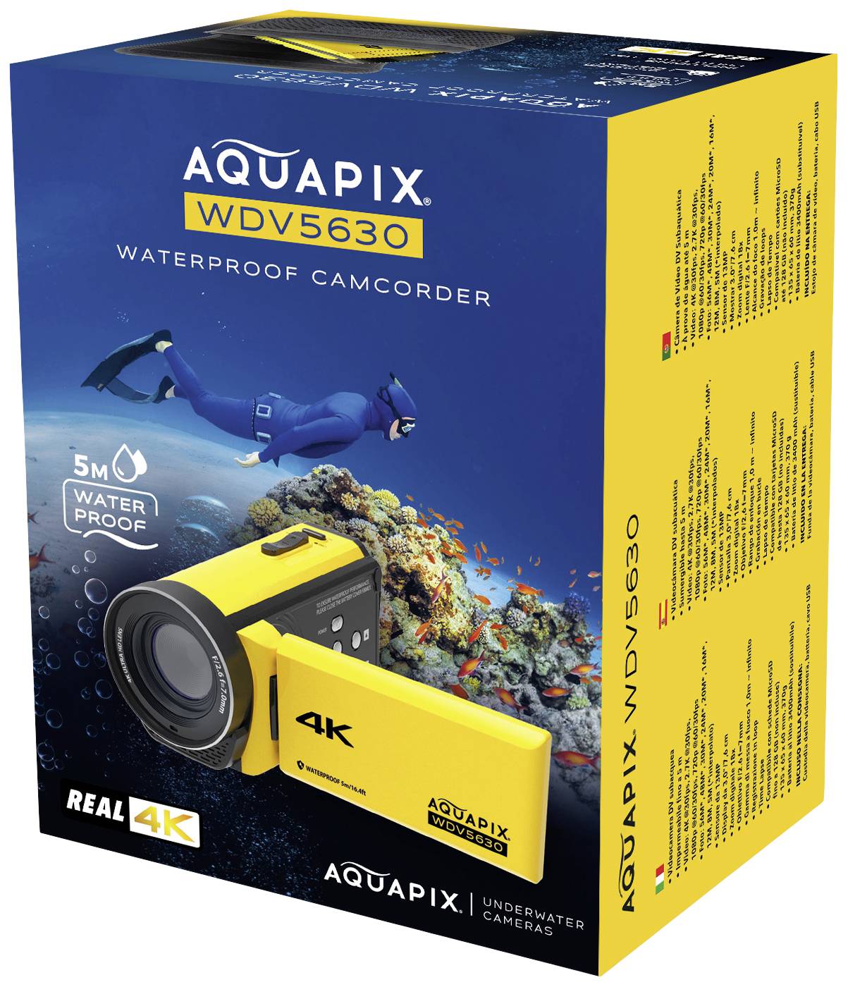 Opakowanie Aquapix WDV5630, wodoszczelnej kamery do zdjęć podwodnych 4K, przedstawia nurka z rafą koralową w tle.