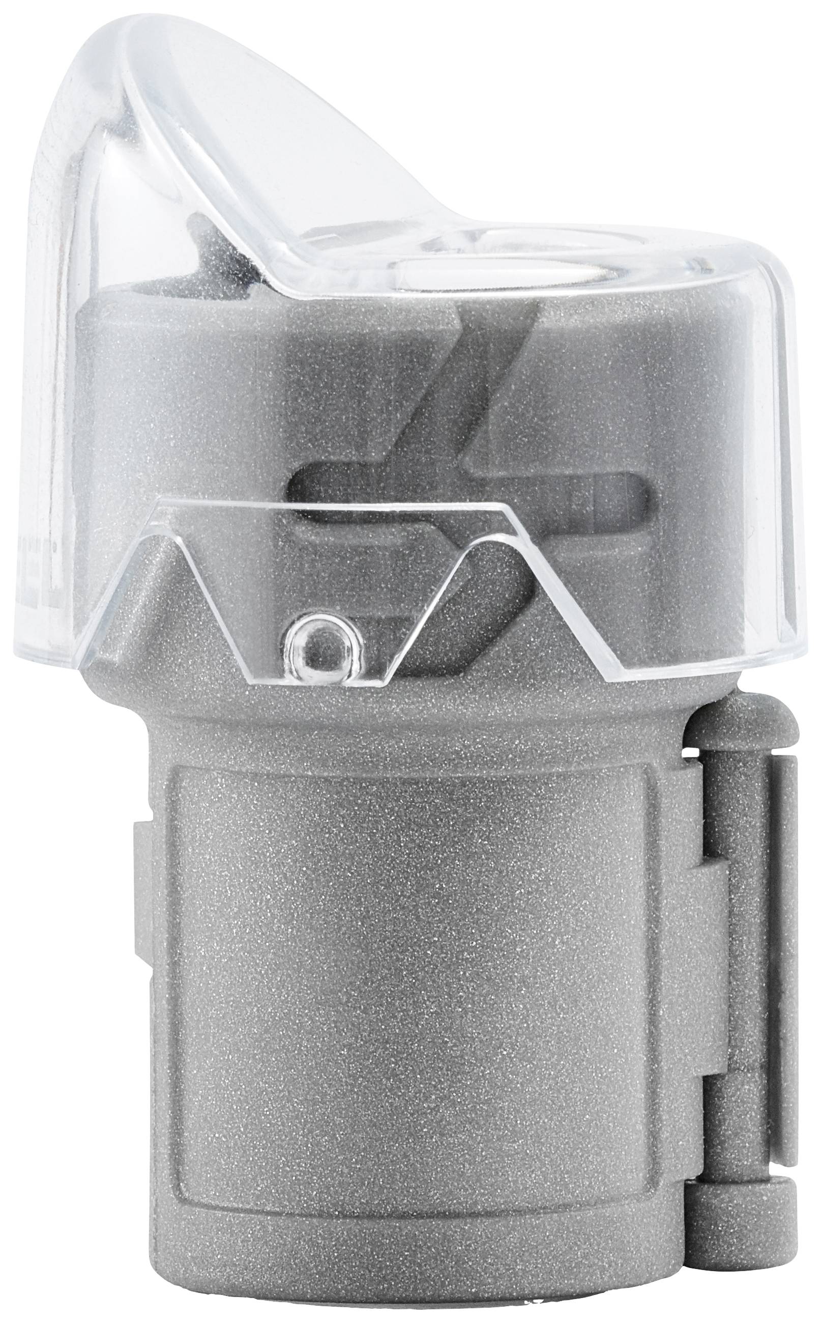 Szare urządzenie elektroniczne z przezroczystą pokrywą i złączem.