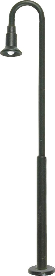 Czarna latarnia uliczna z wygiętą szyją i okrągłą głowicą, odpowiednia do oświetlania chodników lub ogrodów.