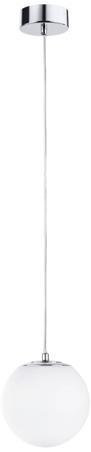 Nowoczesna lampa wisząca z okrągłą, mleczną kulą szklaną, zwisającą na cienkim przewodzie z metalowego mocowania.