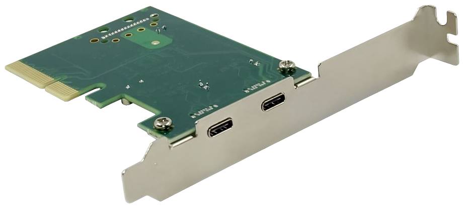 Karta rozszerzeń z dwoma portami USB-C do komputera, prezentująca zieloną płytkę drukowaną i metalową blaszkę. Kompatybilna z gniazdem PCIe.