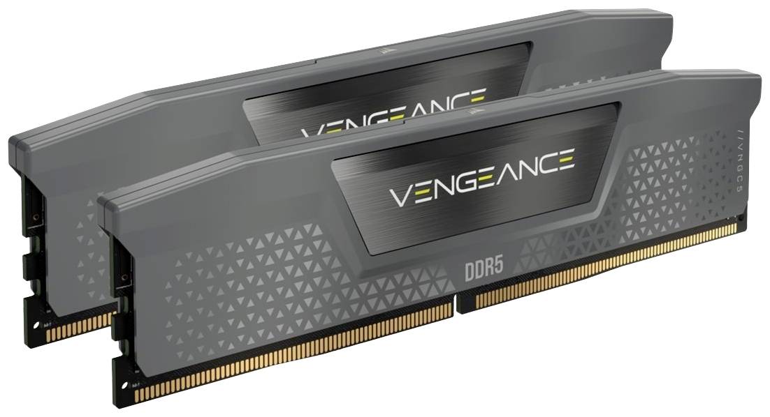 Dwa moduły RAM marki 'Vengeance DDR5' w kolorze szarym. Ułożone są równolegle i widoczne są ich złote styki do podłączenia.