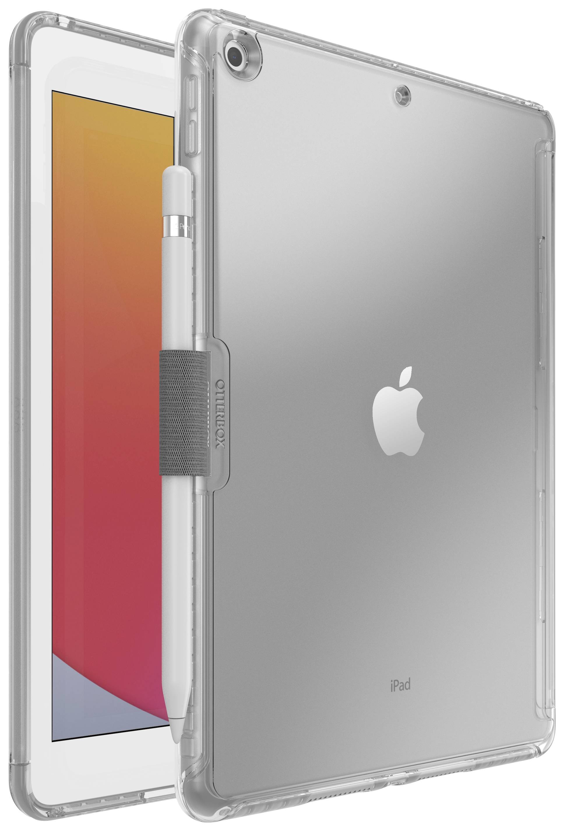 Przezroczyste etui ochronne na tablet z przymocowanym rysikiem z boku. Tablet jest włączony i wyświetla gradient kolorów.