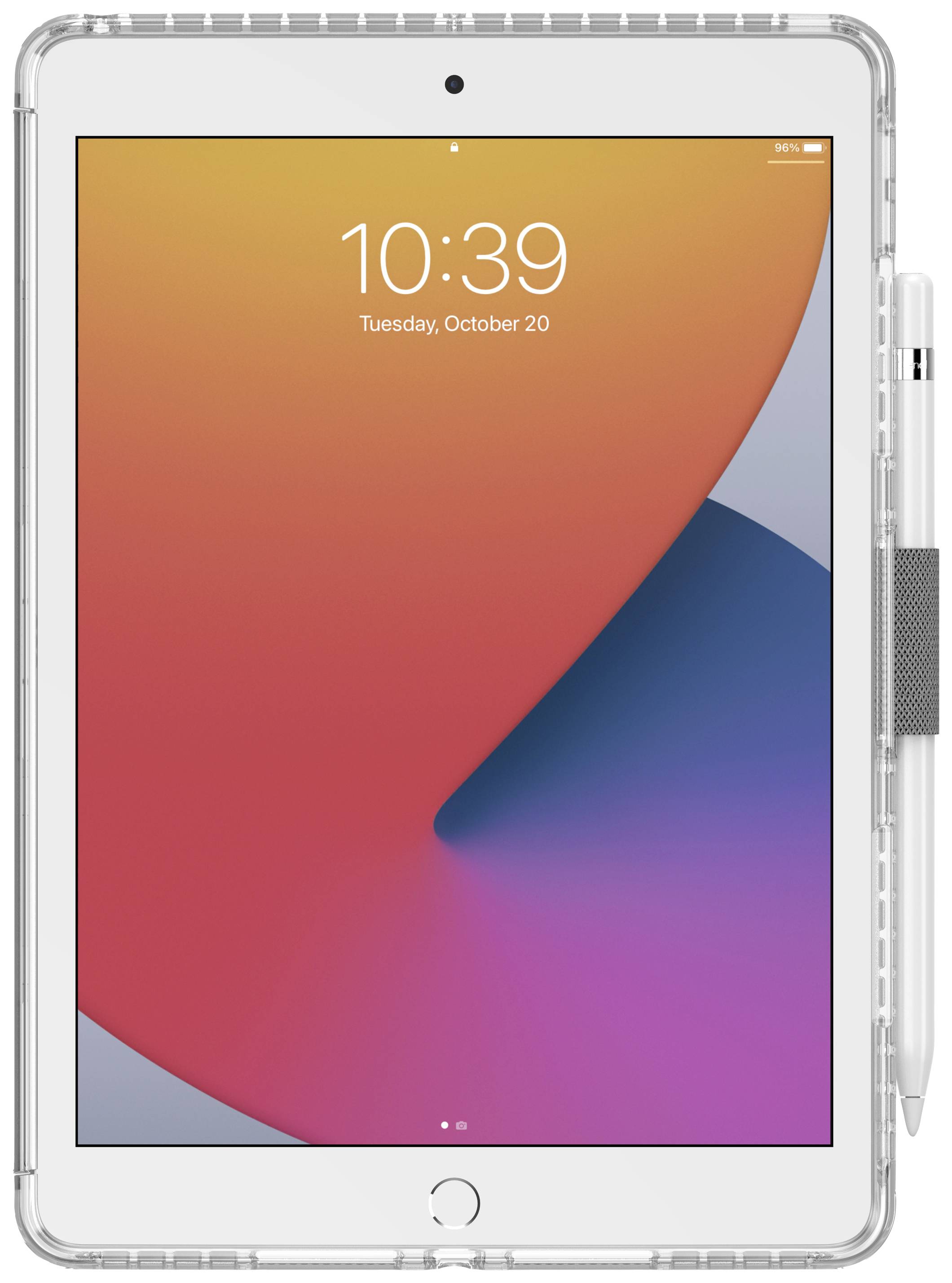 Tablet z pomarańczowo-niebieskim ekranem, na którym wyświetlana jest godzina 10:39 oraz data 'Wtorek, 20 października'. Rysik przymocowany z boku.