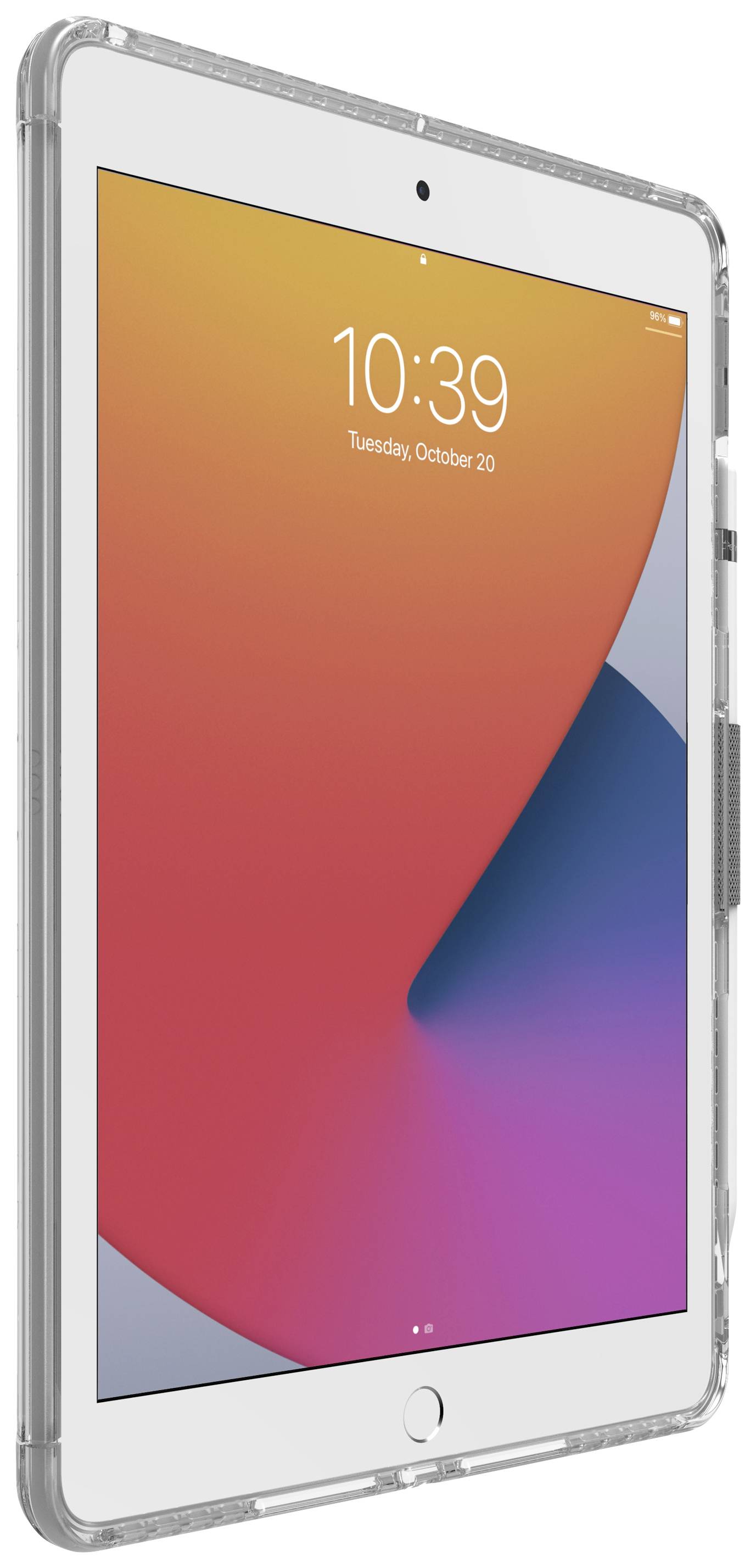 Tablet z przezroczystą obudową, na ekranie wyświetlana jest godzina 10:39 oraz data Wtorek, 20-go.