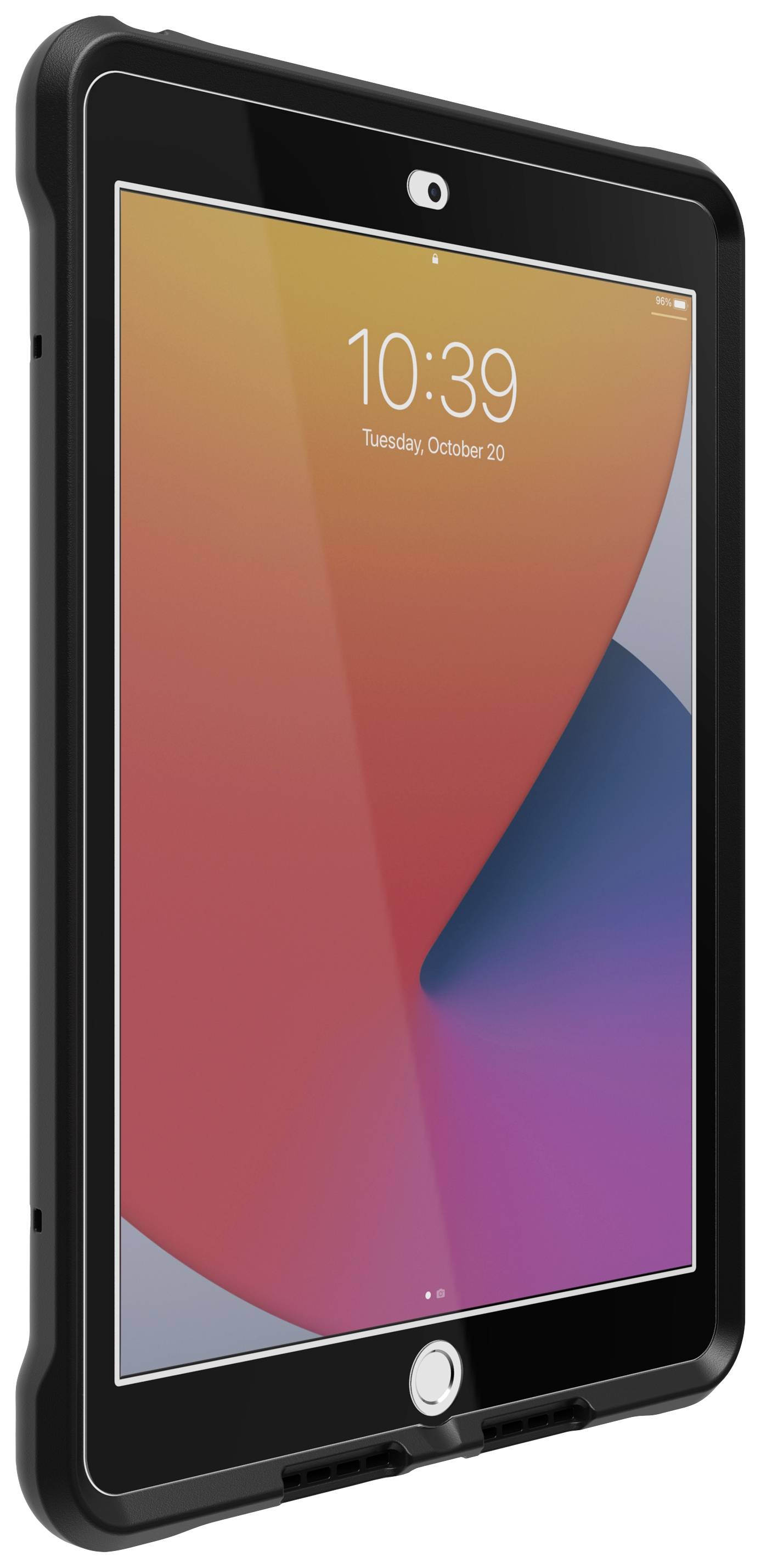 Czarny tablet z kolorowym ekranem, wyświetlającym godzinę '10:39'. Data: 'Wtorek, 20 października'.