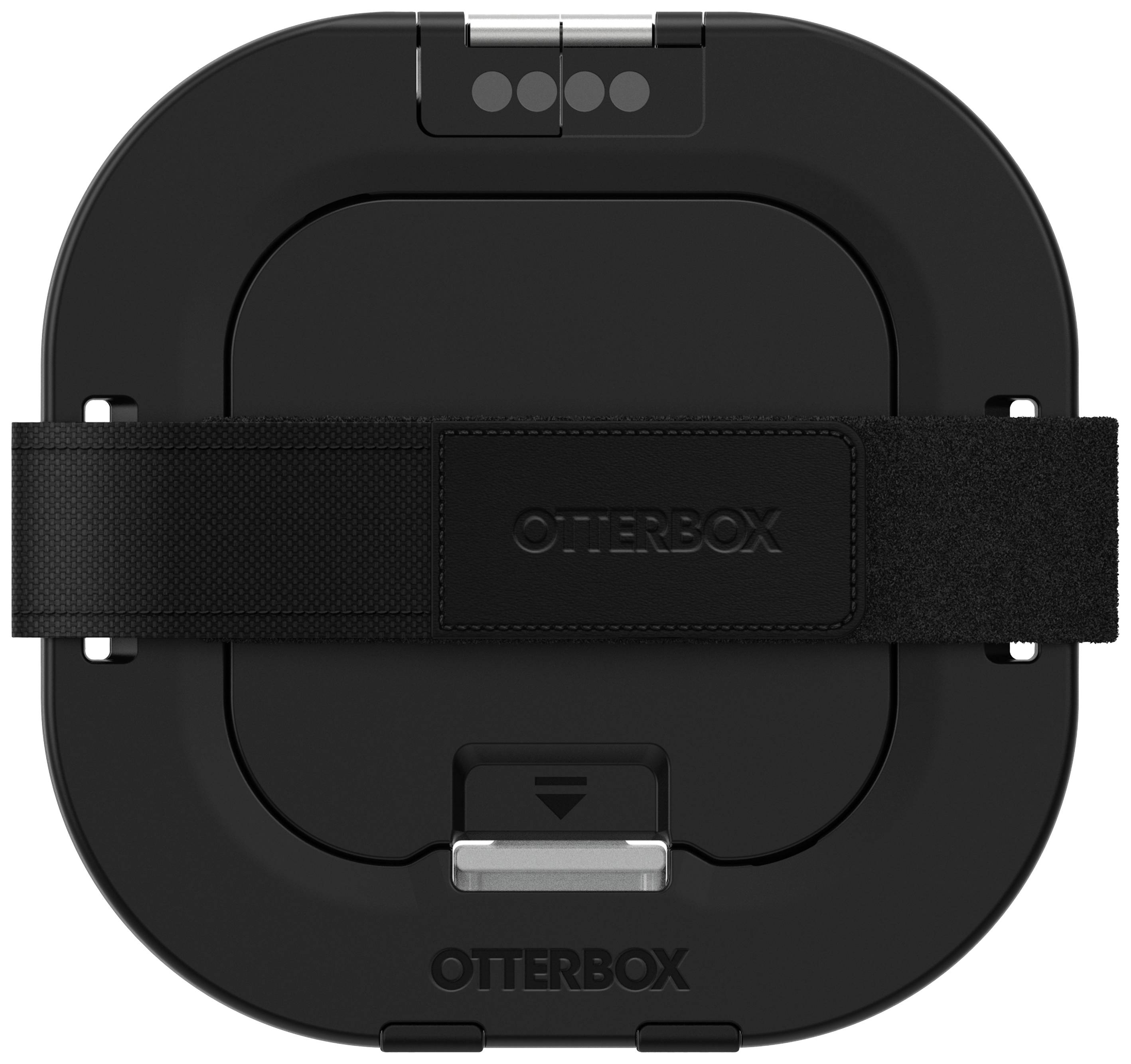 Czarny, kwadratowy produkt OtterBox z elastyczną opaską pośrodku, prawdopodobnie uchwyt lub etui ochronne.