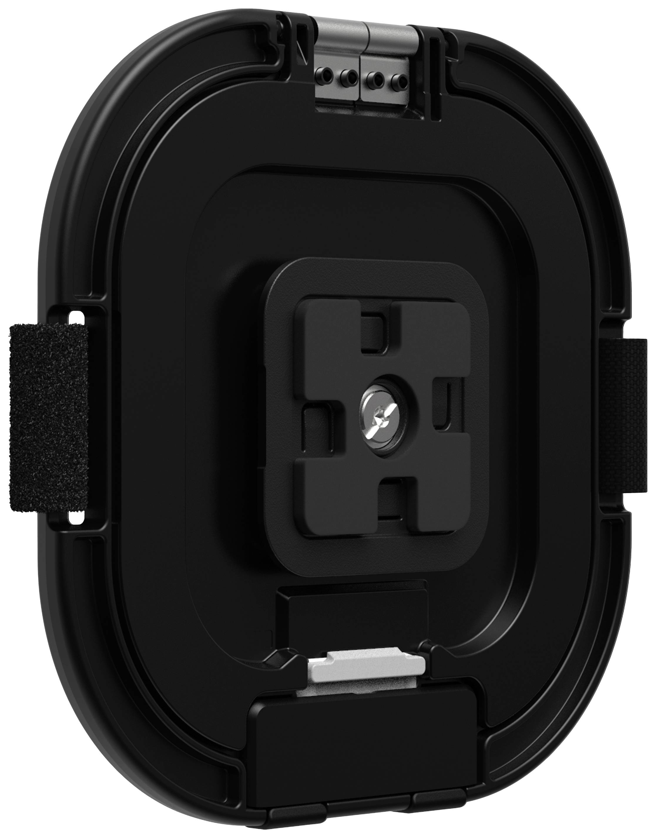 Czarna, owalna podstawa z paskami rzepowymi po bokach, przeznaczona do montażu lub mocowania urządzeń elektronicznych.