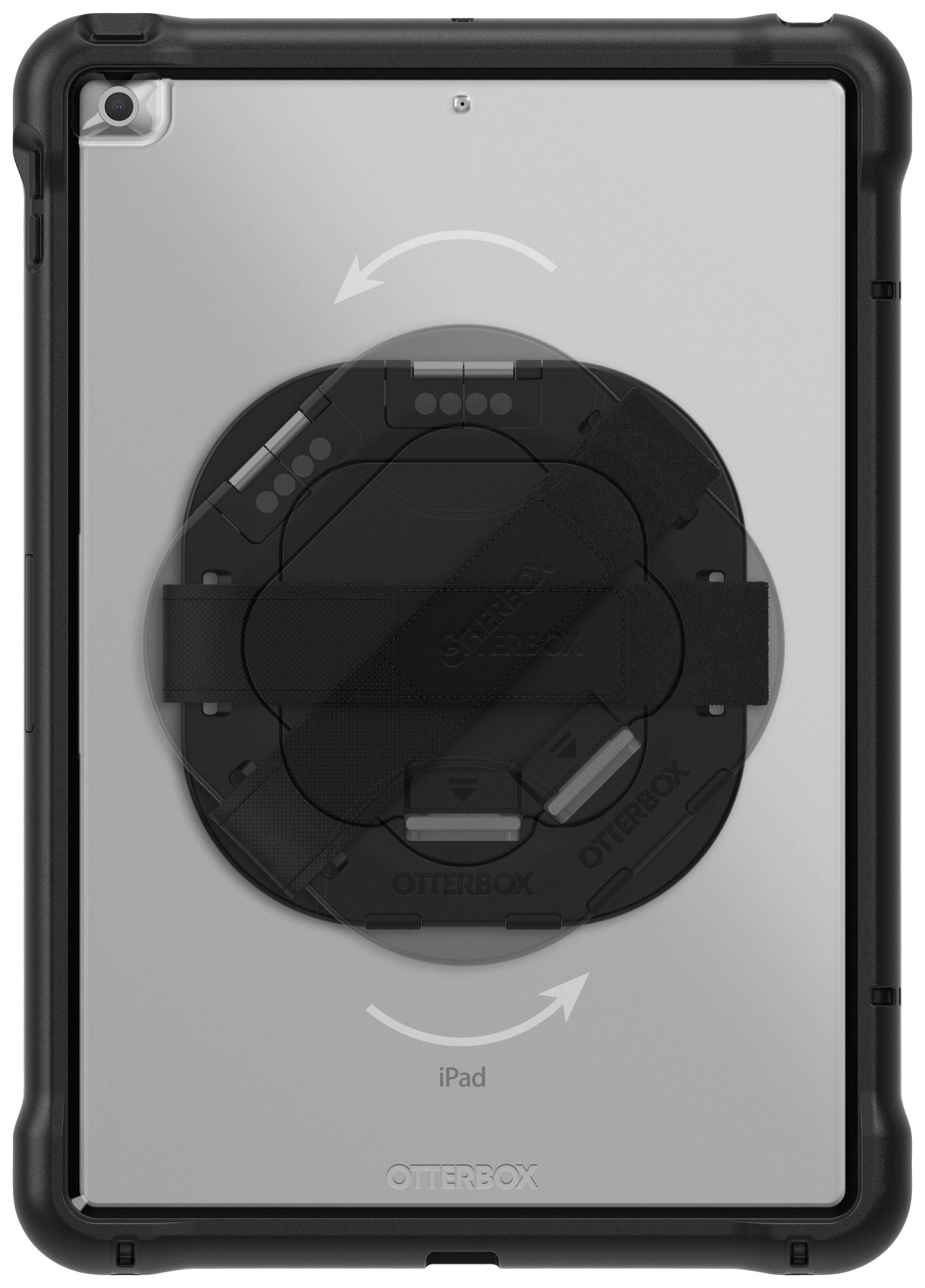 iPad w wytrzymałej obudowie z obrotową podstawką, możliwą do obrotu zgodnie z ruchem wskazówek zegara, co symbolizują strzałki. Chroni urządzenie przed uszkodzeniami.