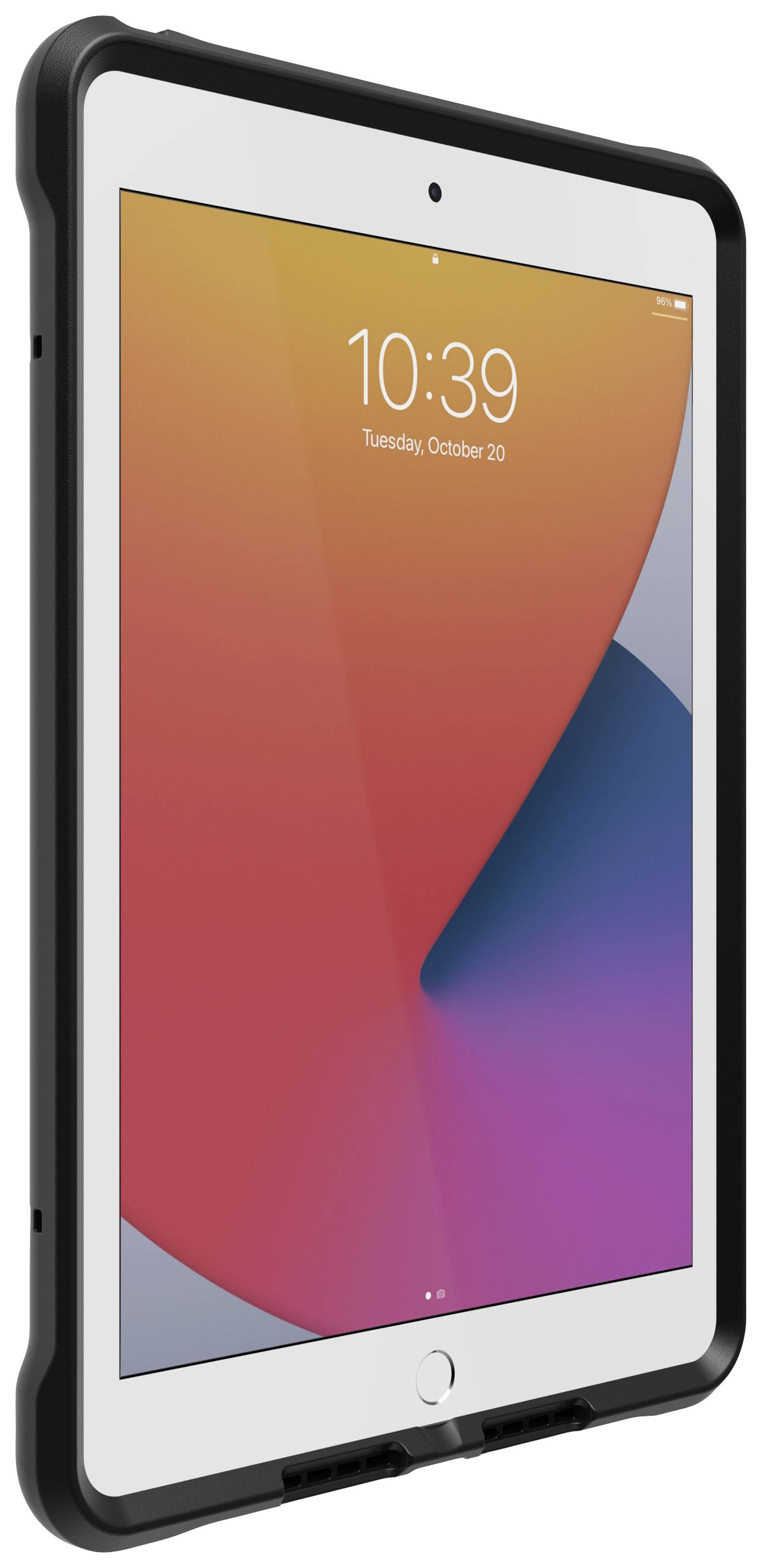 Tablet z czarną obudową ochronną, na którego ekranie wyświetlana jest godzina 10:39 oraz data 'Wtorek, 20 października'.
