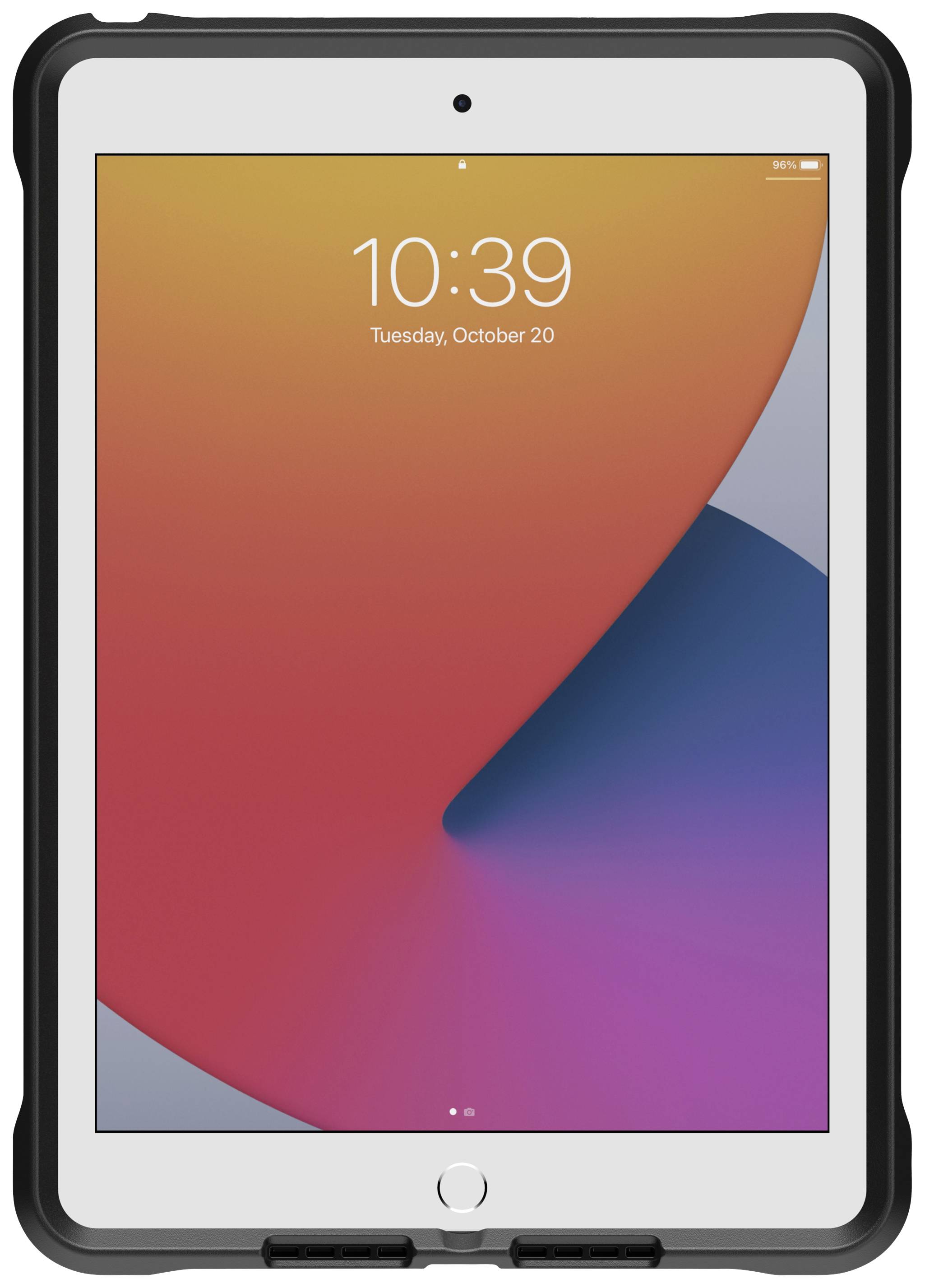 Tablet z pomarańczowo-niebieską grafiką na ekranie wyświetla godzinę 10:39 oraz datę 'Wtorek, 20 października'.