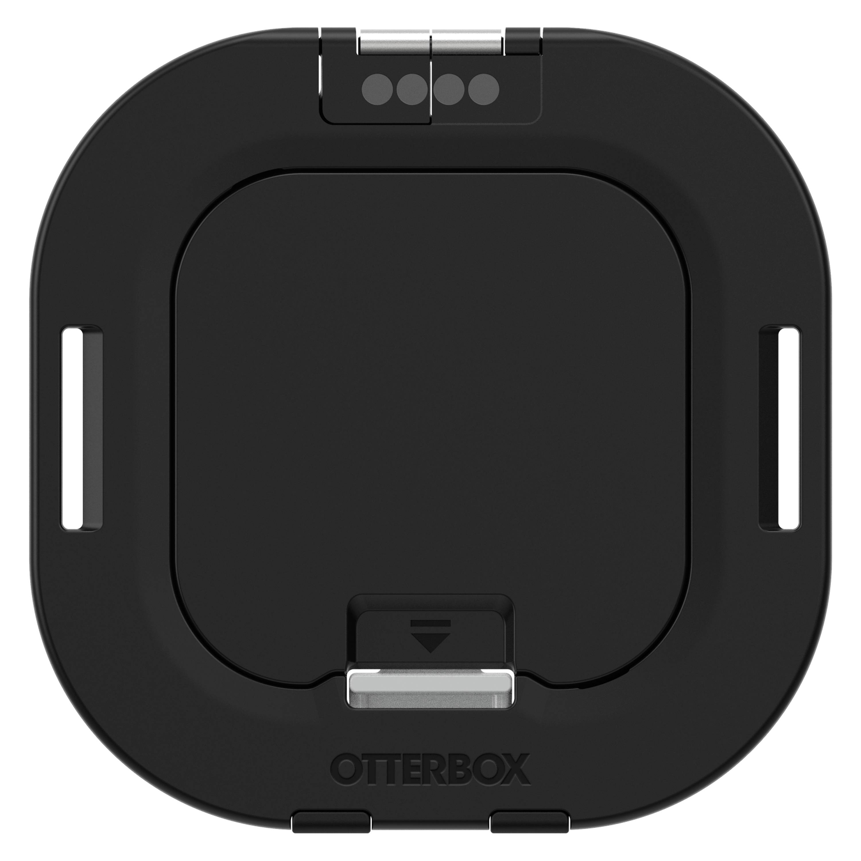 Czarny kwadratowy ładowarka o zaokrąglonych narożnikach z centralnym gniazdem. Nazwa marki 'Otterbox' widoczna na dole.