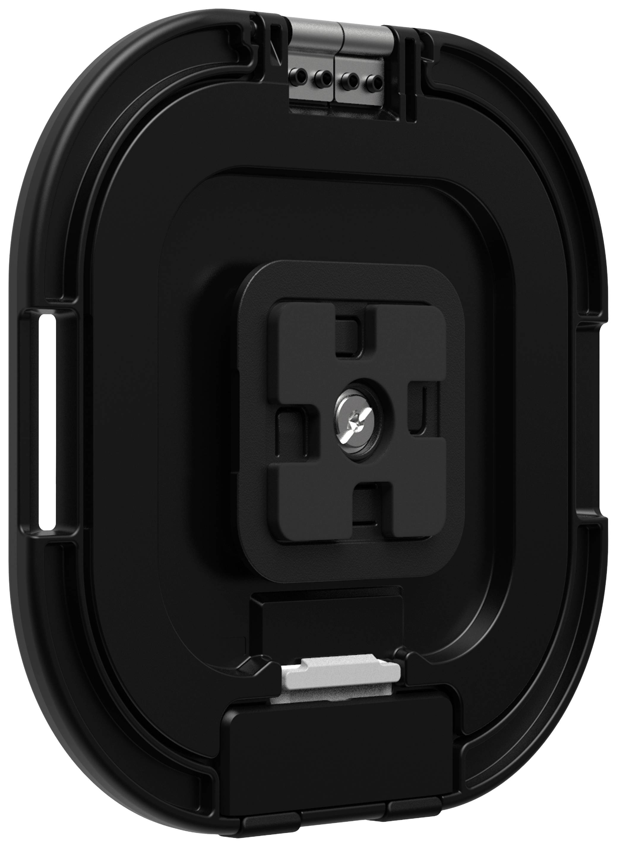 Czarna, prostokątna obudowa z centralnym blokiem montażowym i wieloma punktami mocowania. Odpowiednia do urządzeń elektronicznych lub uchwytów.