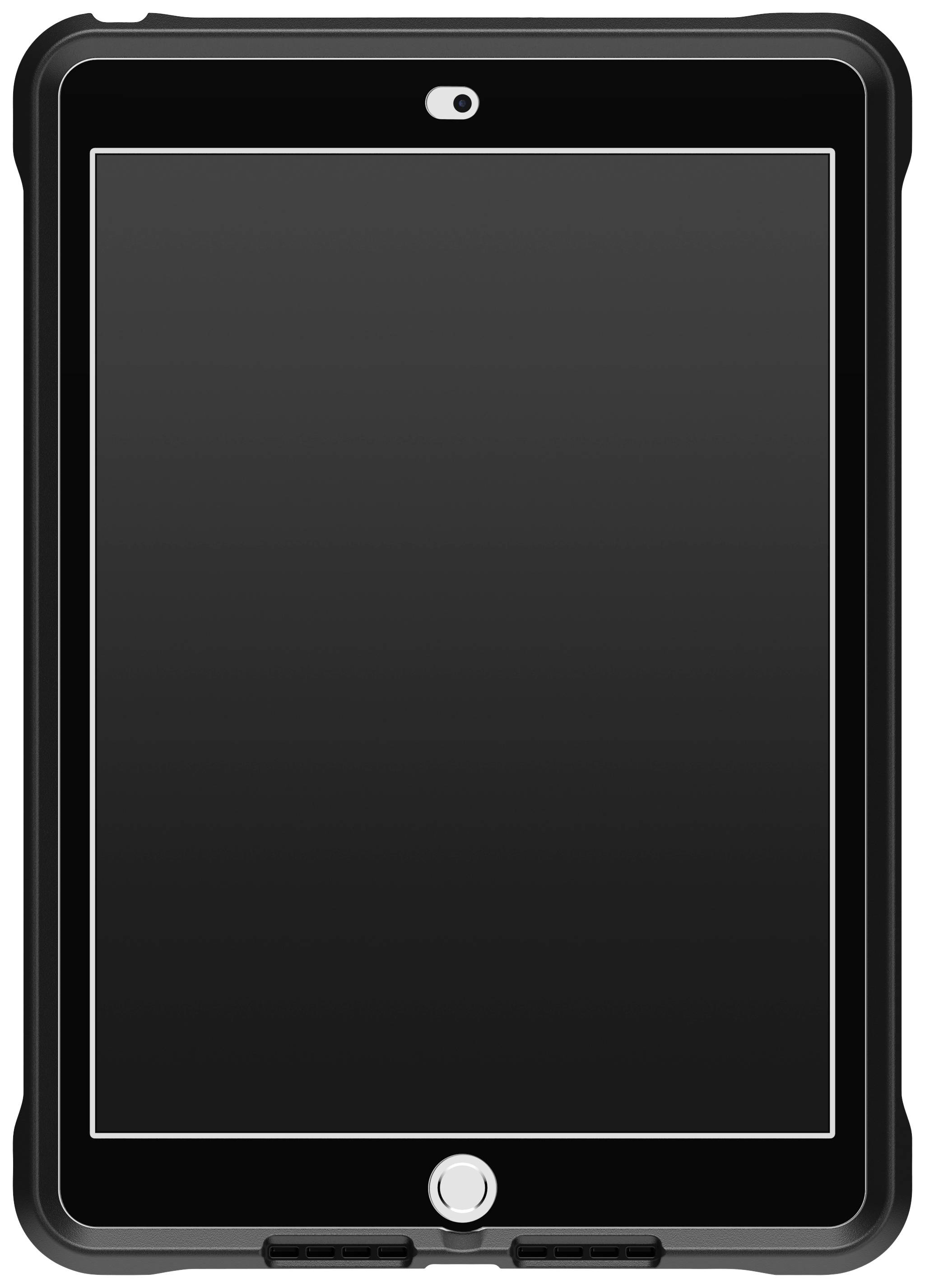 Czarny tablet z czarnym ekranem, otoczony wytrzymałą obudową.