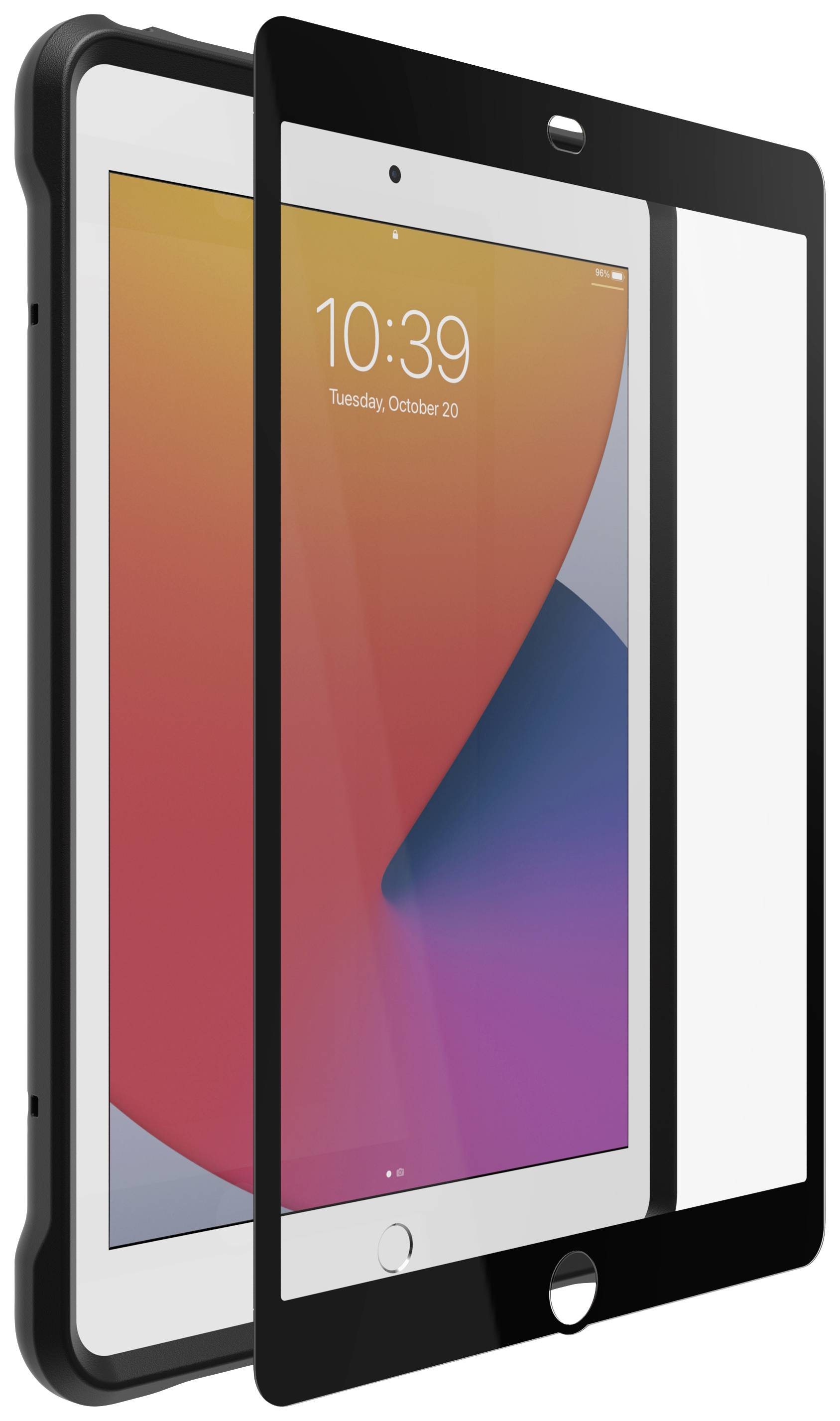 Tablet z czarną obudową ochronną i zdejmowaną osłoną ekranu, na wyświetlaczu widoczny jest czas.