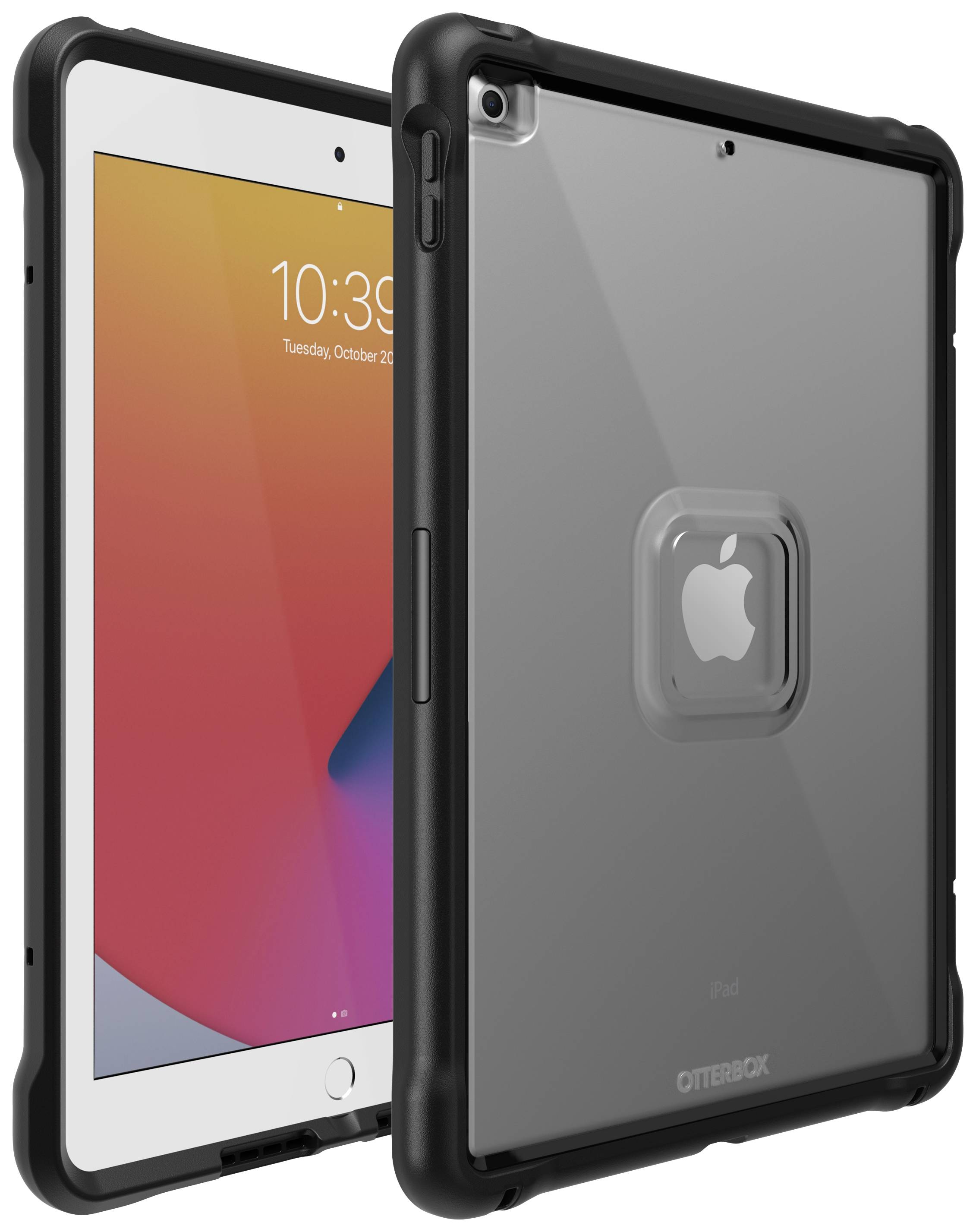 Tablet iPad w etui, które prezentuje logo Apple. Po lewej stronie wyświetlacz z godziną, po prawej etui z czarną ramką.