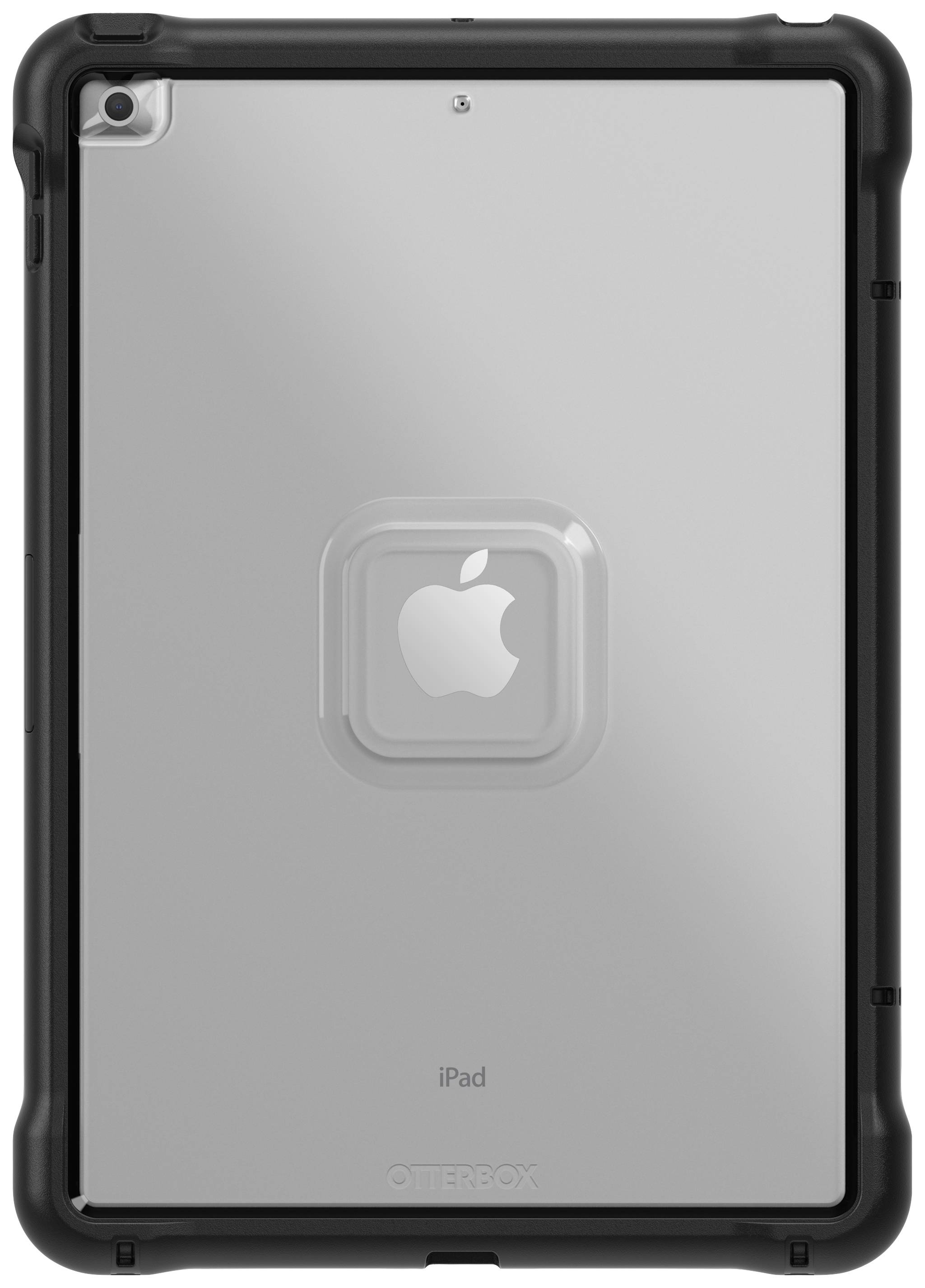 iPad w czarnym etui Otterbox, widok od tyłu z logo Apple pośrodku.