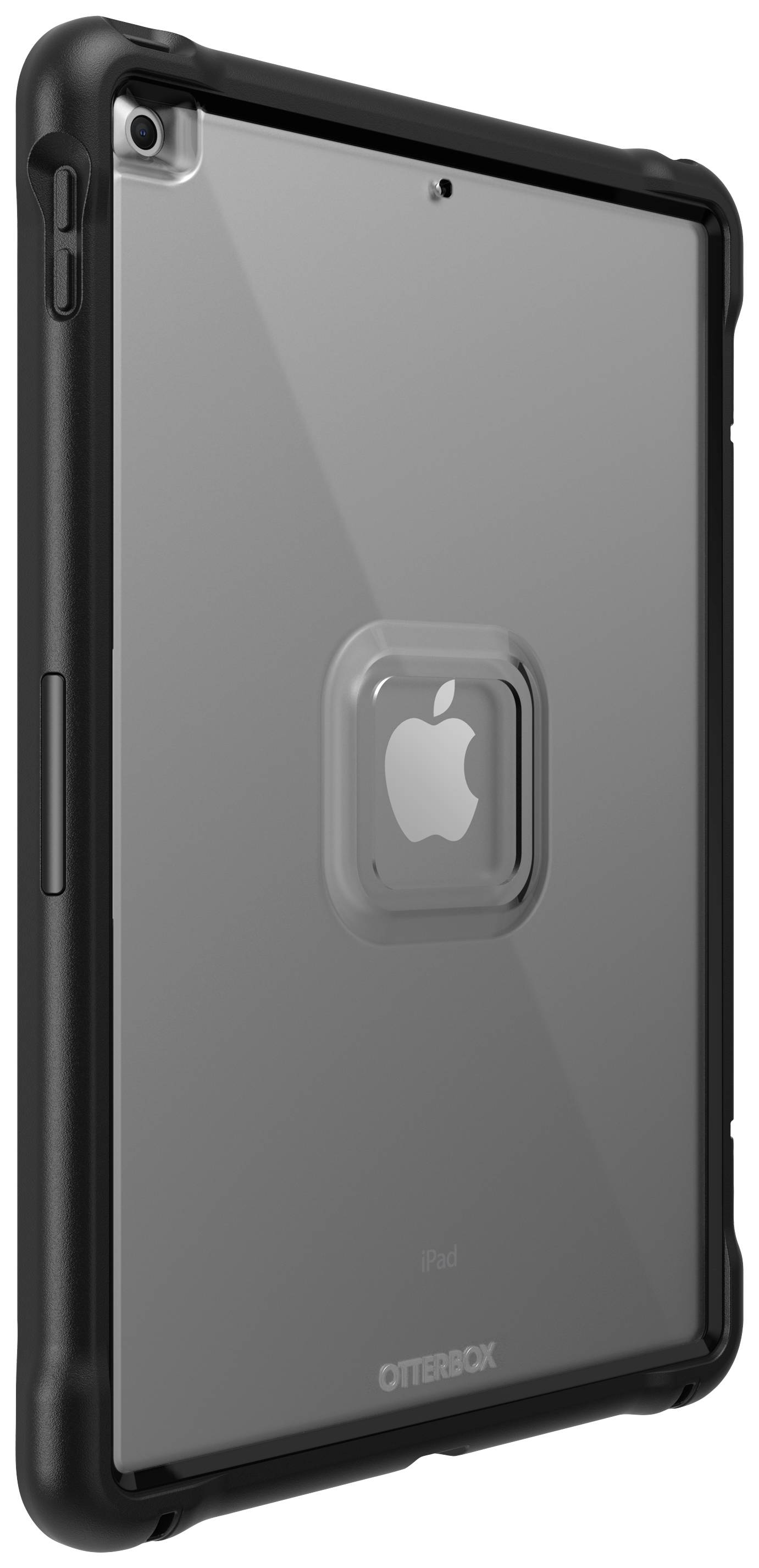 Czarna obudowa ochronna do tabletu z przezroczystym tyłem, na którym widoczne jest logo Apple.