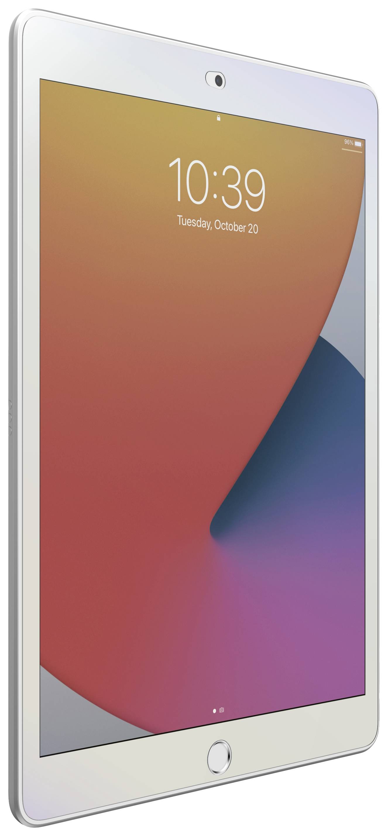 Tablet z kolorowym tłem ekranu i godziną 10:39. Na górze znajduje się kamera. Obudowa jest srebrna.