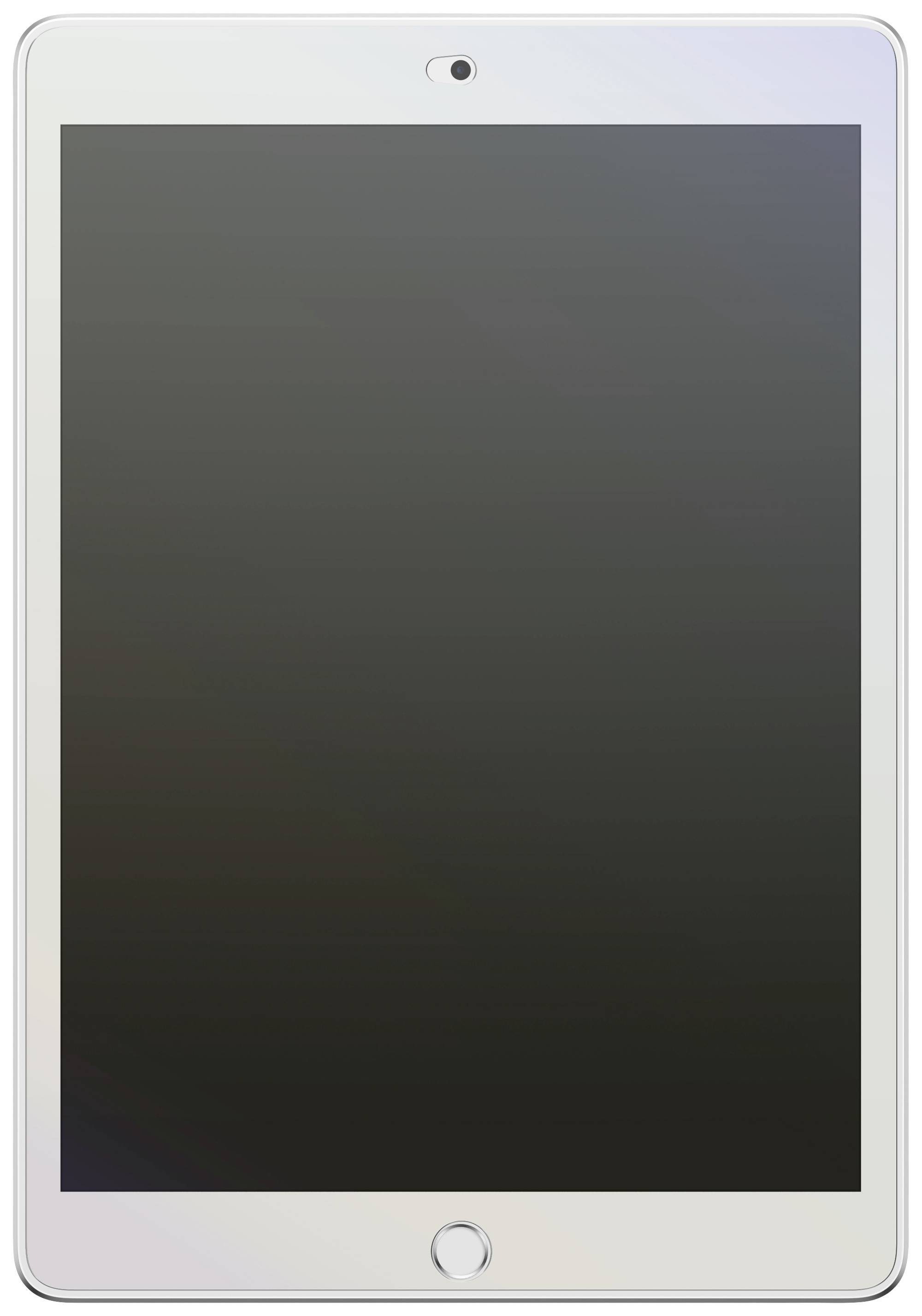 Tablet z srebrną ramką i czarnym ekranem, sfotografowane z przodu. Na górze znajduje się kamera, na dole przycisk Home.