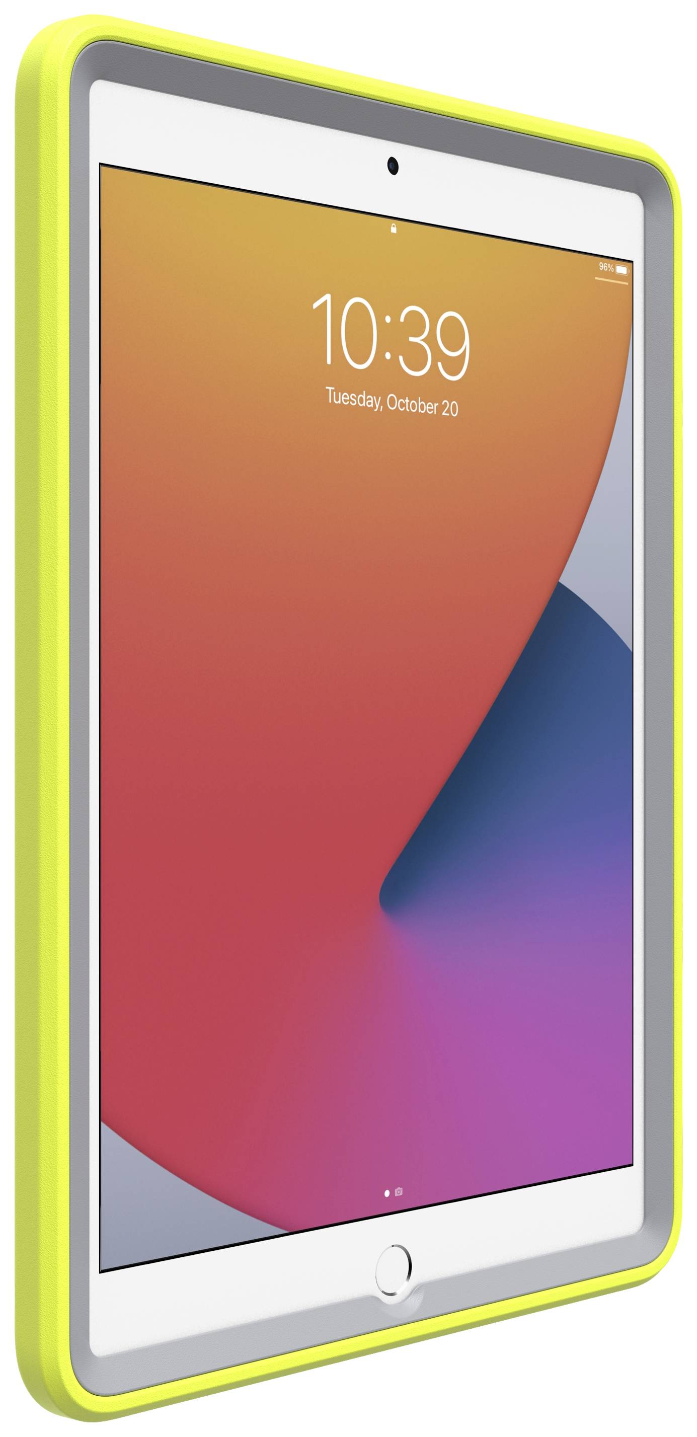 Tablet z żółtą ramką wyświetla godzinę 10:39 oraz datę wtorek, 20 października na ekranie z kolorowym tłem.