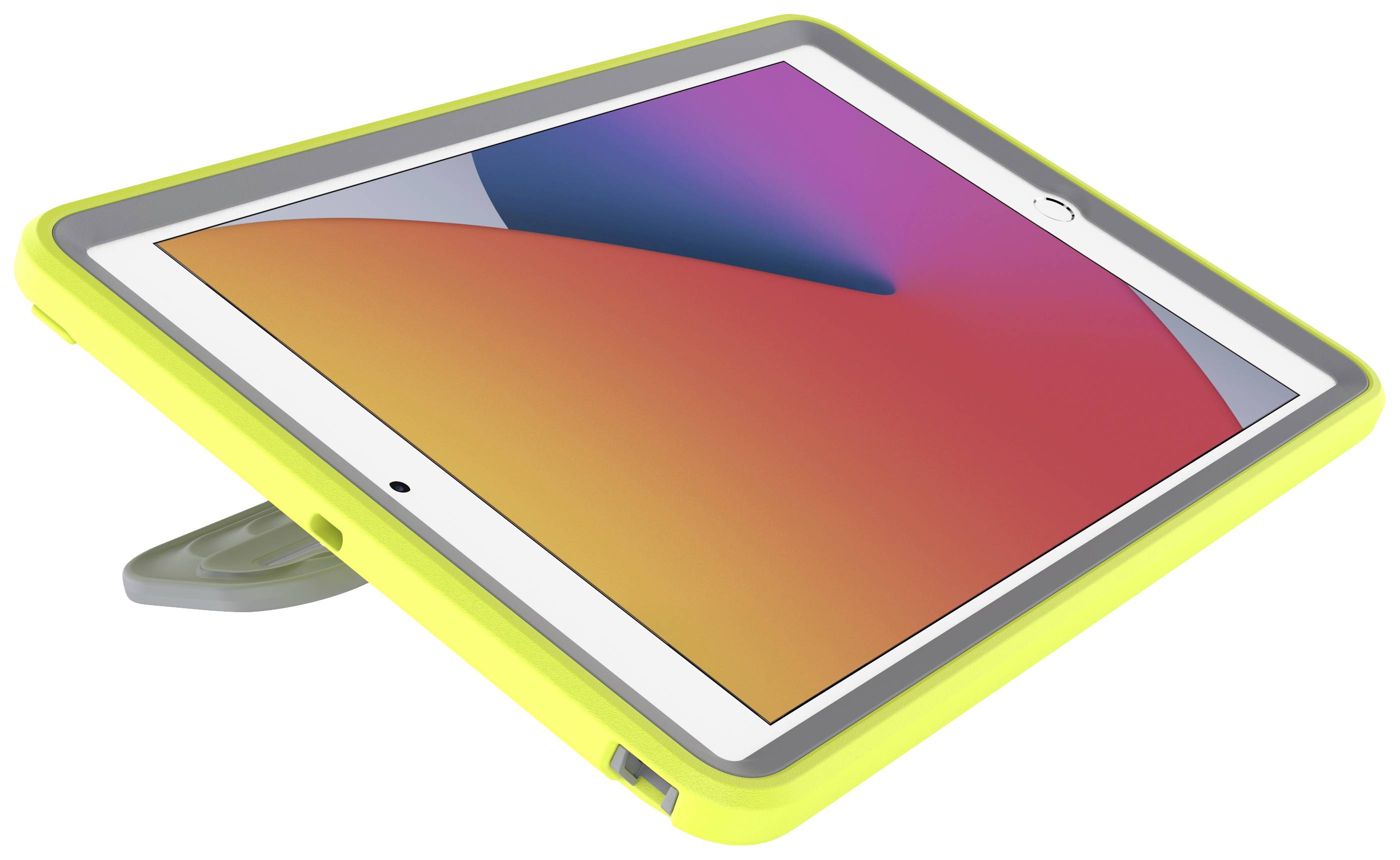 Tablet w żółtej obudowie z podstawką leży pod skosem. Na ekranie wyświetlany jest kolorowy, abstrakcyjny obraz tła.