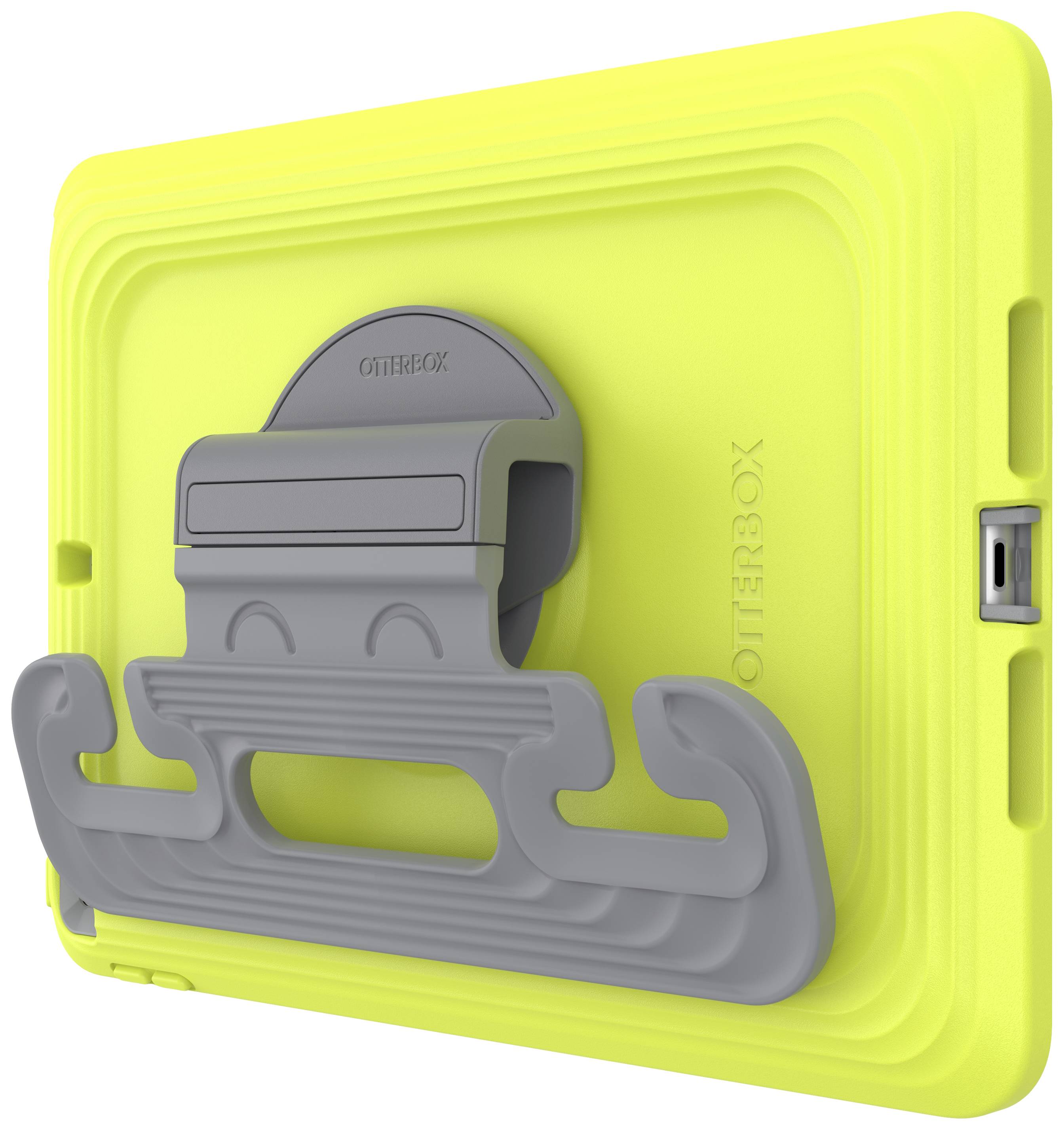 Etui na tablet w kolorze żółtym z szarą podstawką i wbudowanym uchwytem do łatwego przenoszenia. Port USB widoczny z boku.