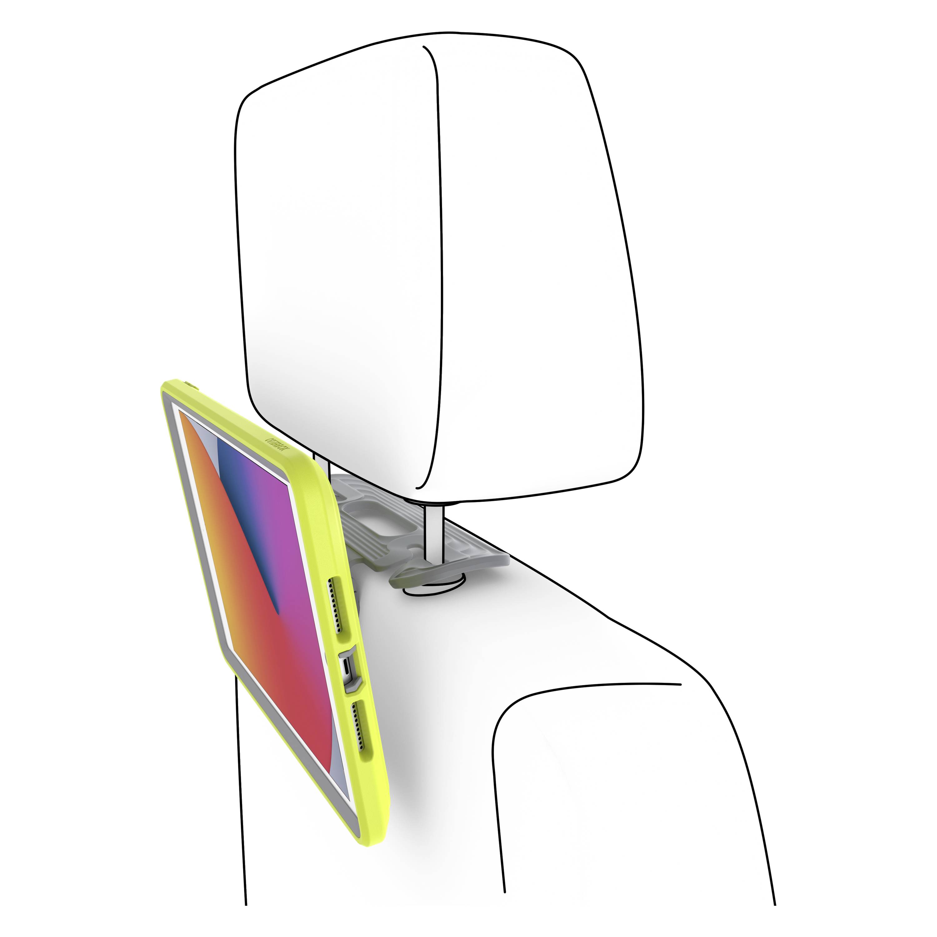 Uchwyt na tablet zamocowany do siedzenia samochodowego, skierowany do tyłu dla pasażerów siedzących z tyłu.