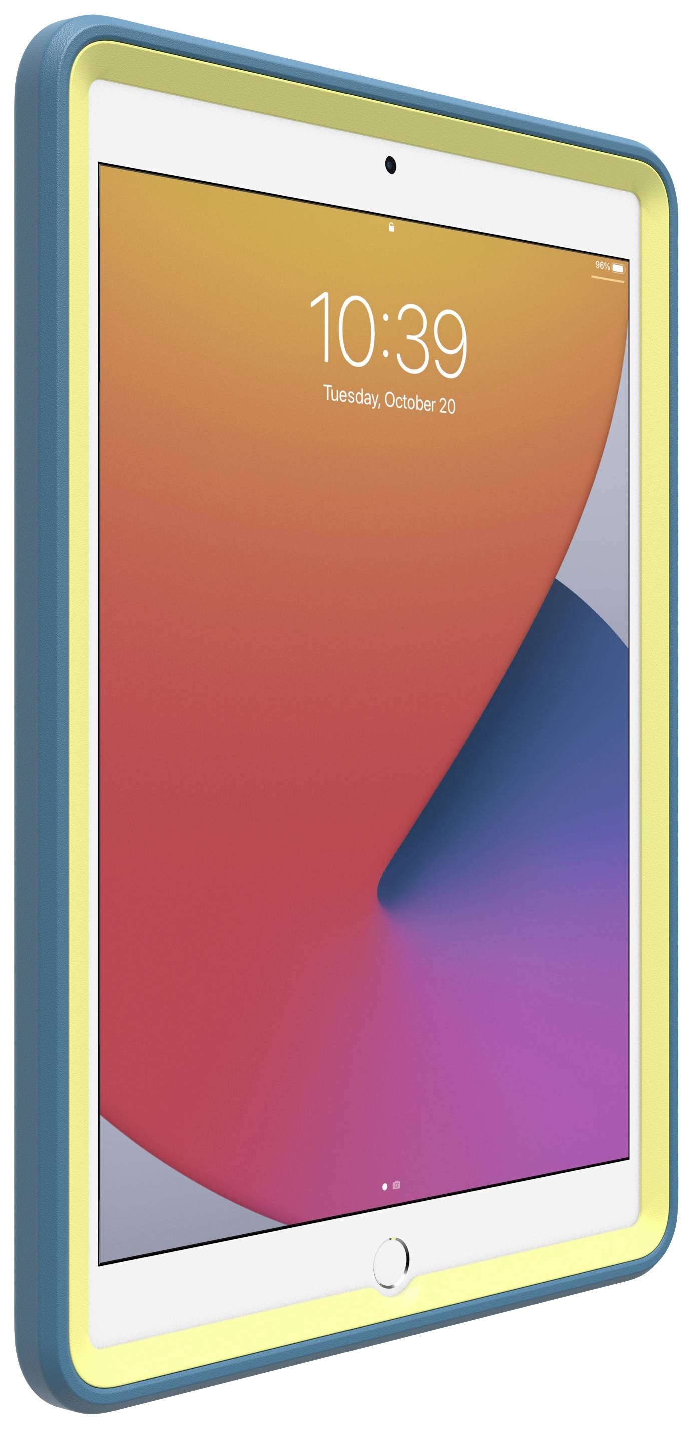 Tablet z niebiesko-żółtą obudową ochronną, wyświetlający na ekranie godzinę 10:39, data: wtorek, 20 października.