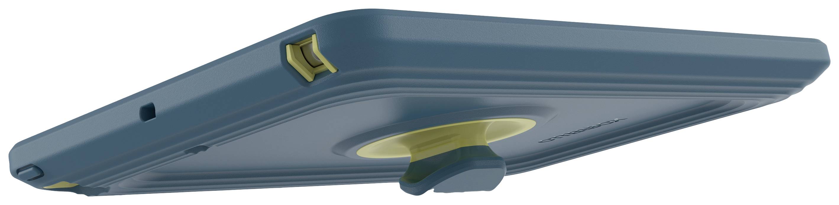 Niebieskie, płaskie urządzenie z żółtym suwkiem z boku i żółtym przyciskiem na dole. Widok z boku prezentuje nowoczesny, minimalistyczny design.