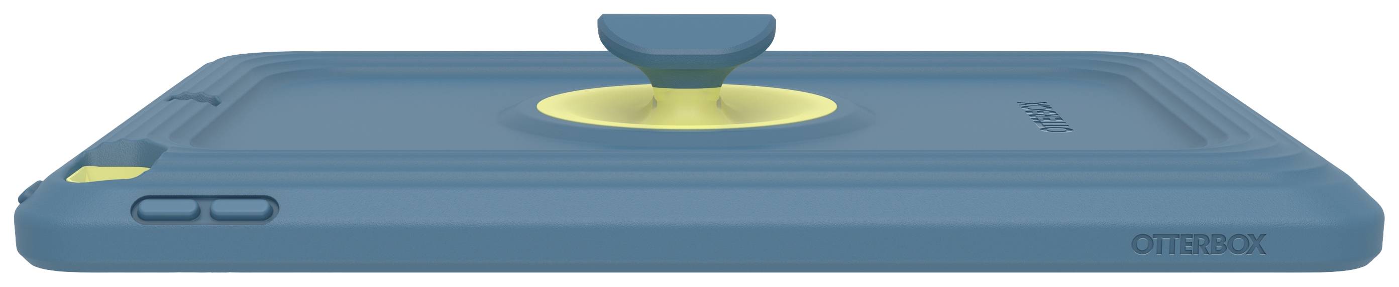 Niebieskie etui na tablet Otterbox z żółtym obrotowym uchwytem, widziane z boku.