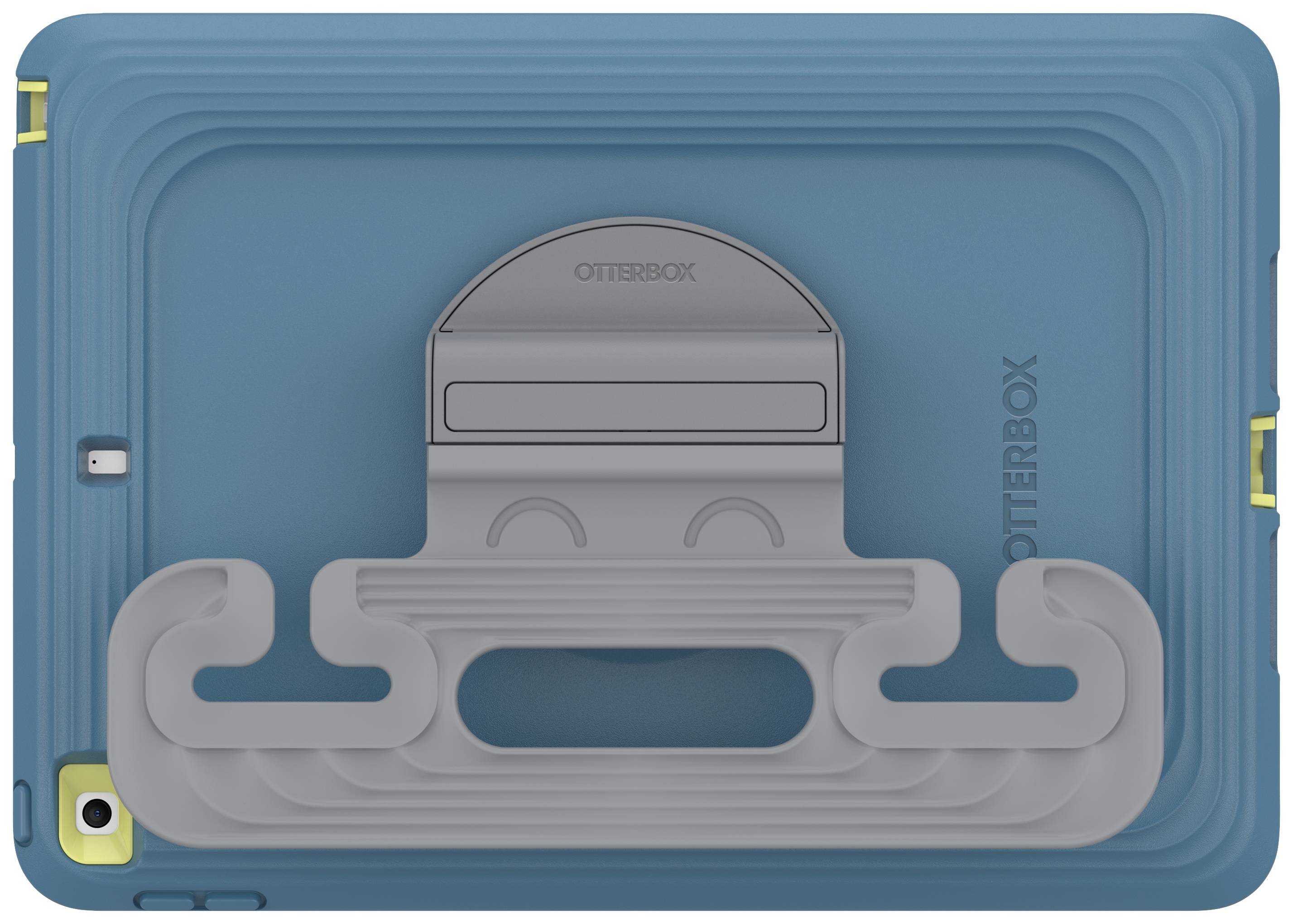 Niebieski stojak na tablet w kształcie ośmiornicy, zamontowany na etui do tabletu. Stojak ma płaski, uśmiechnięty wyraz.