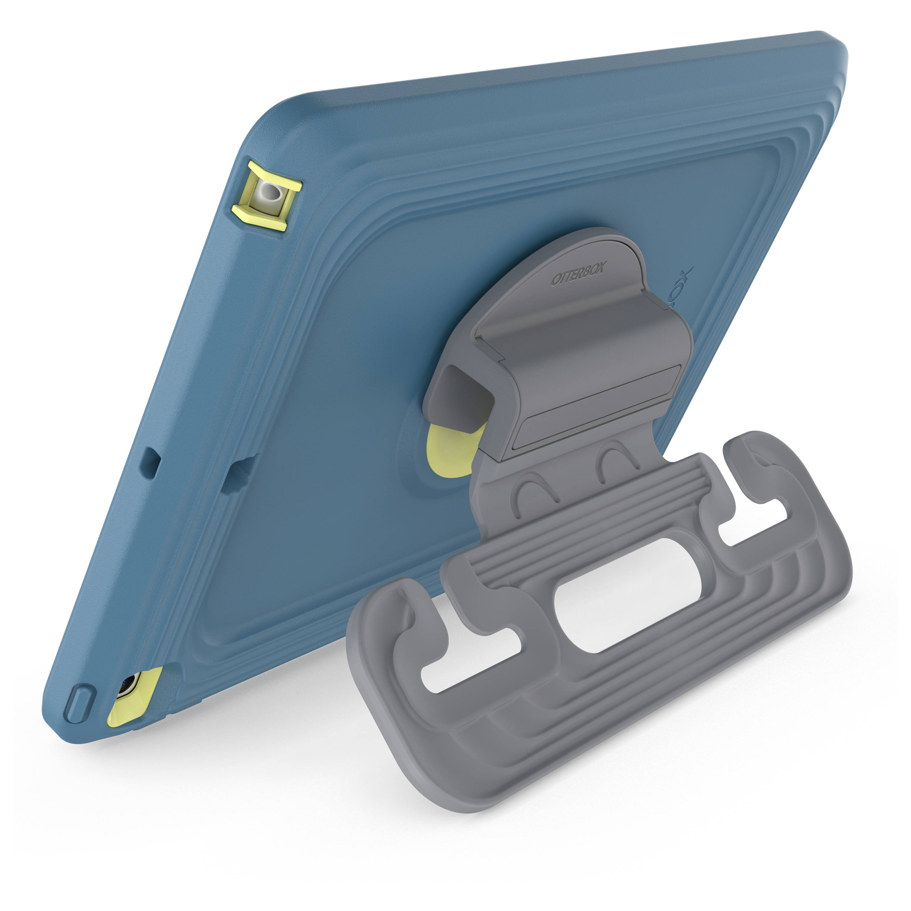 Tablet w niebieskim etui z szarym stojakiem, który podtrzymuje urządzenie pod kątem w trybie pionowym.