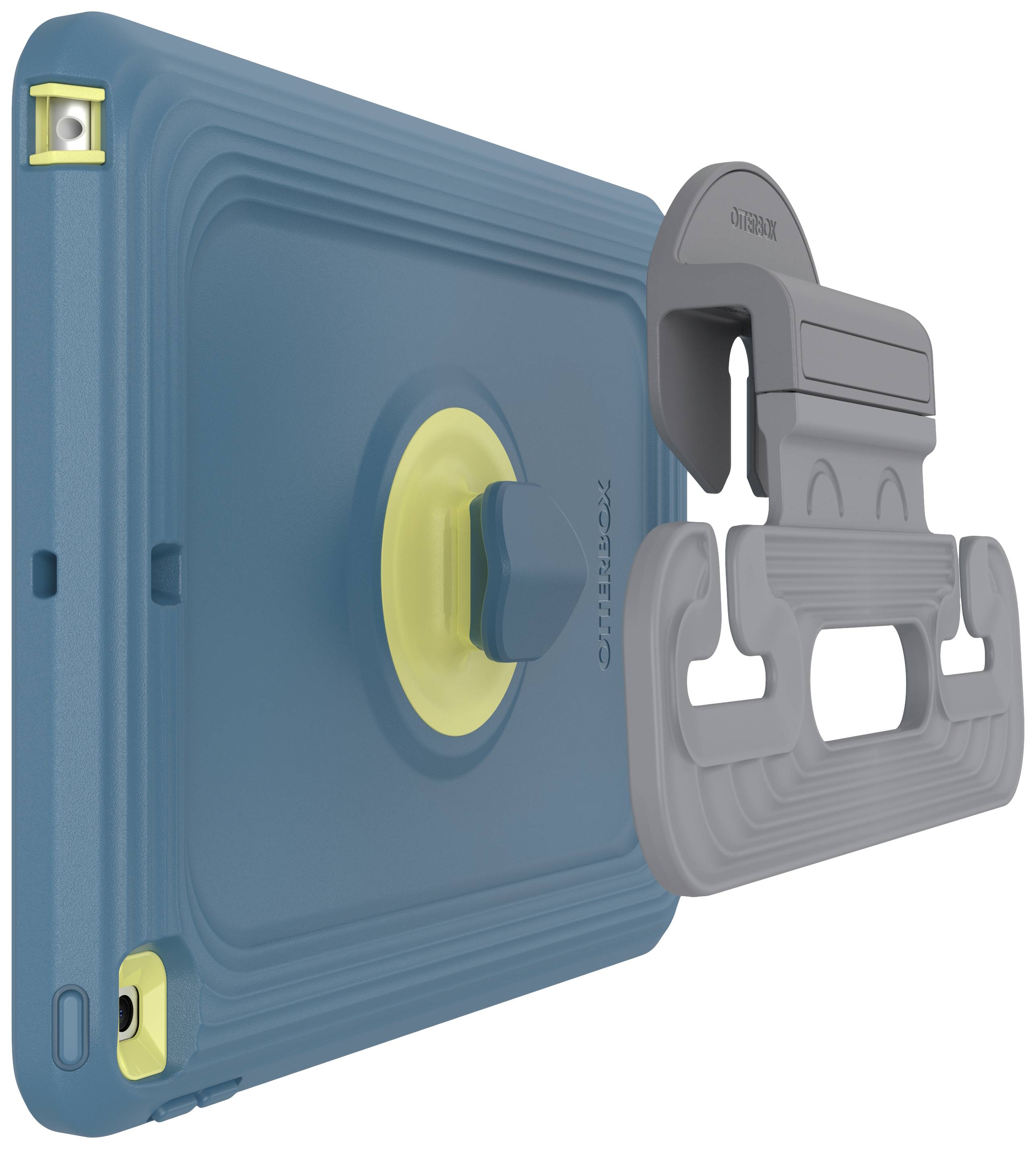 Niebieskie etui ochronne na urządzenia elektroniczne z żółtym uchwytem i szarą podstawką. Projekt zapewnia ochronę i możliwość postawienia urządzenia.