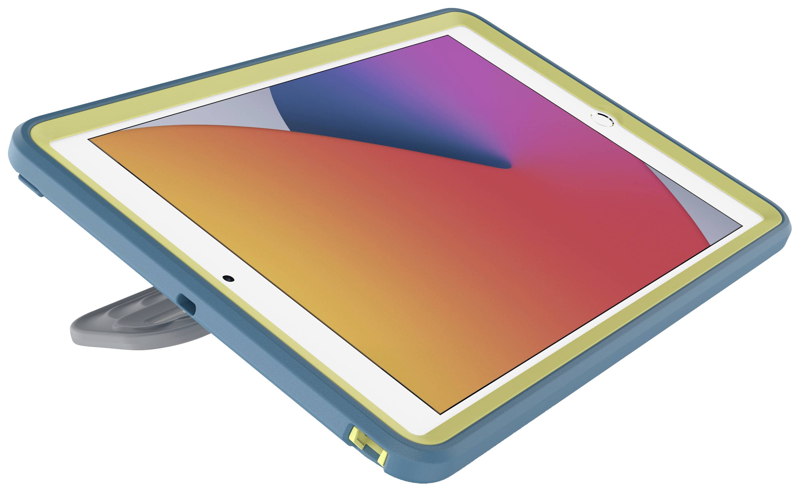 Tablet w niebiesko-żółtej obudowie leży lekko pochylony na stojaku na stół. Na ekranie widać kolorowe figury geometryczne.