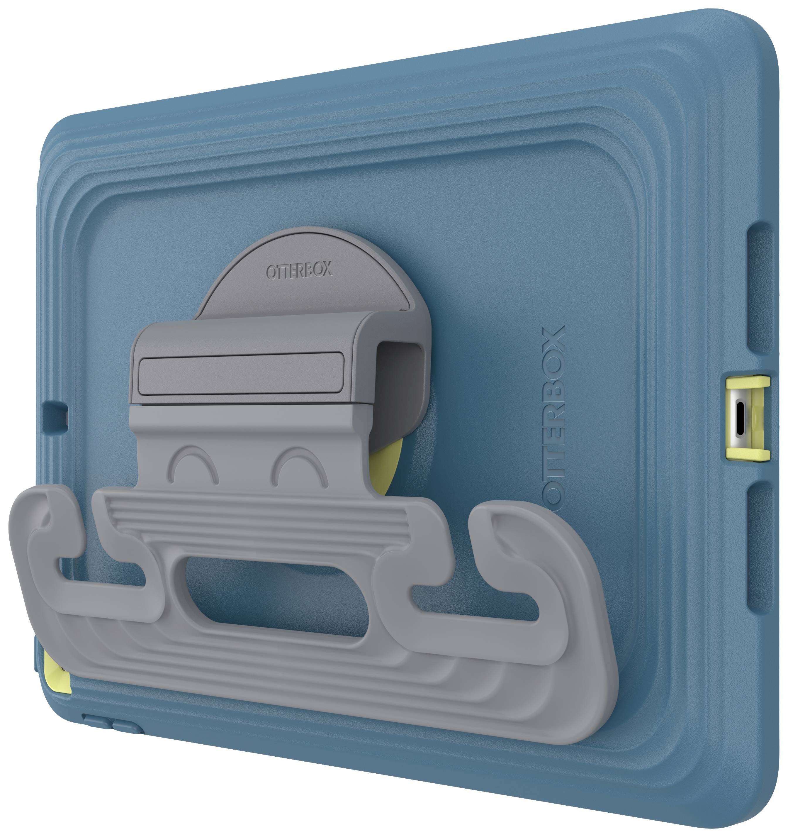 Niebieskie etui na tablet z regulowanym, szarym uchwytem i podstawką marki OtterBox. Zapewnia ochronę i ułatwia trzymanie urządzenia.