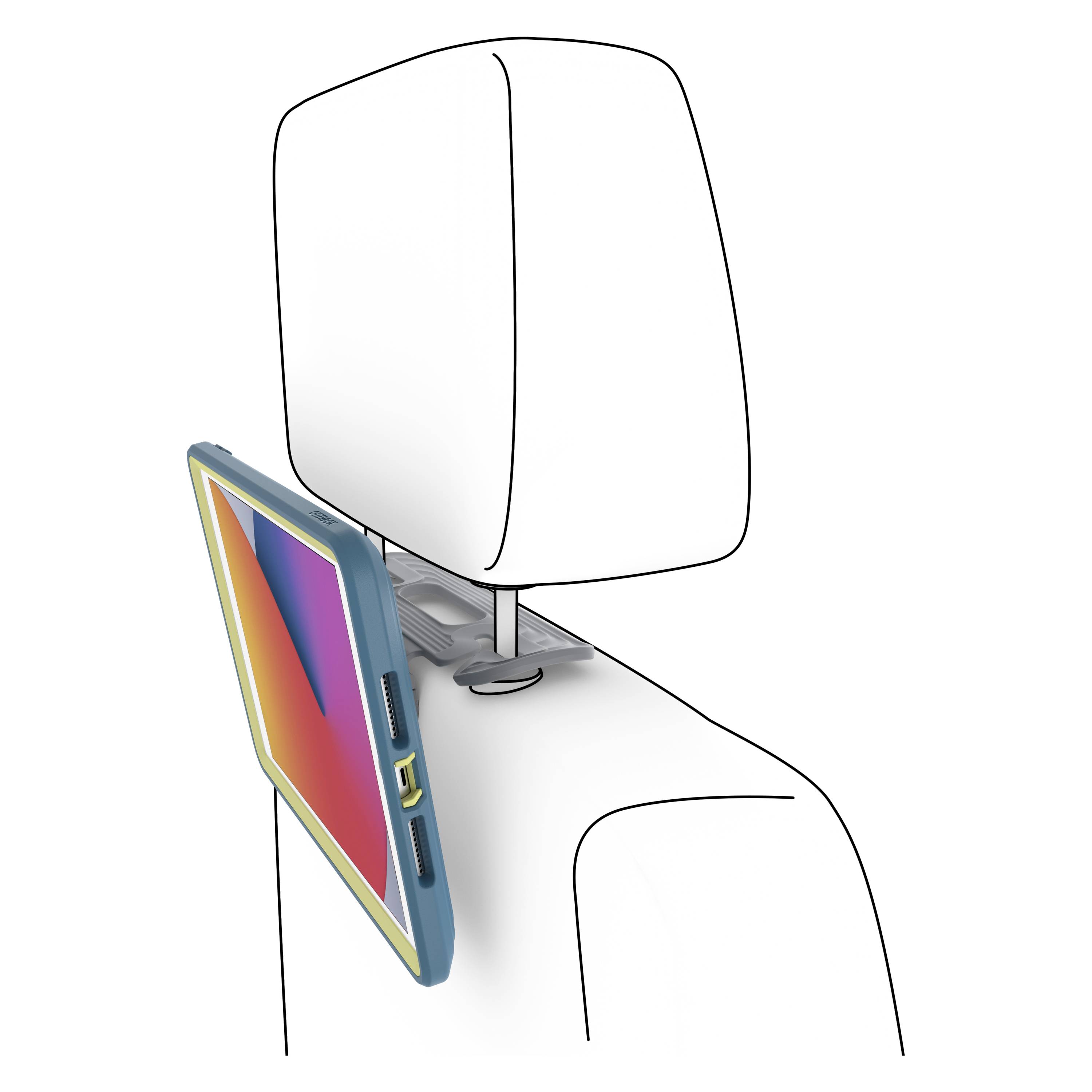 Uchwyt na tablet zamocowany do zagłówka samochodu, przedstawiający ukośny widok przymocowanego tabletu.