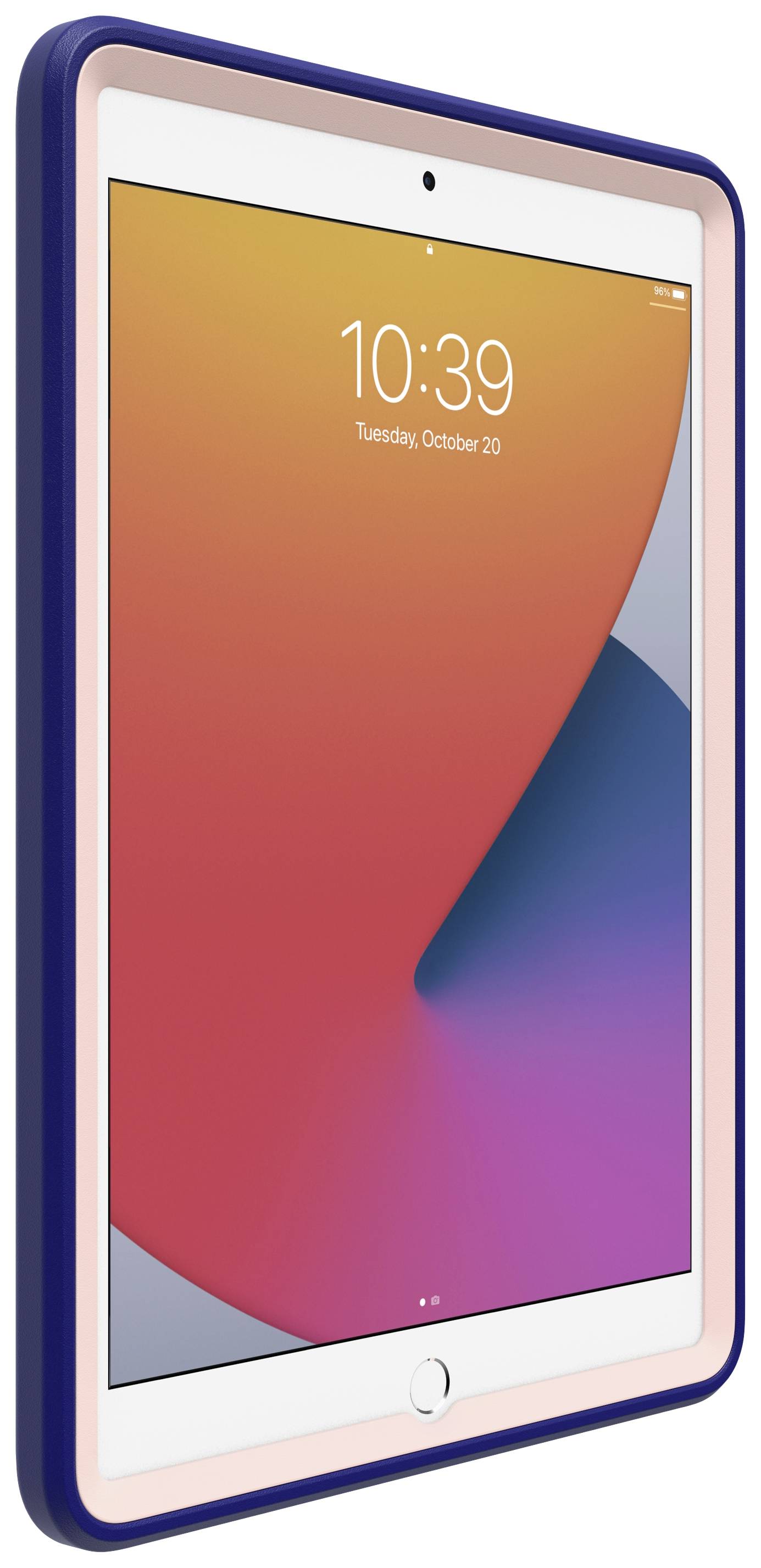 Tablet z kolorowym tłem ekranu i niebieskim etui ochronnym. Wyświetlacz pokazuje godzinę 10:39 i datę Wtorek, 20 października.