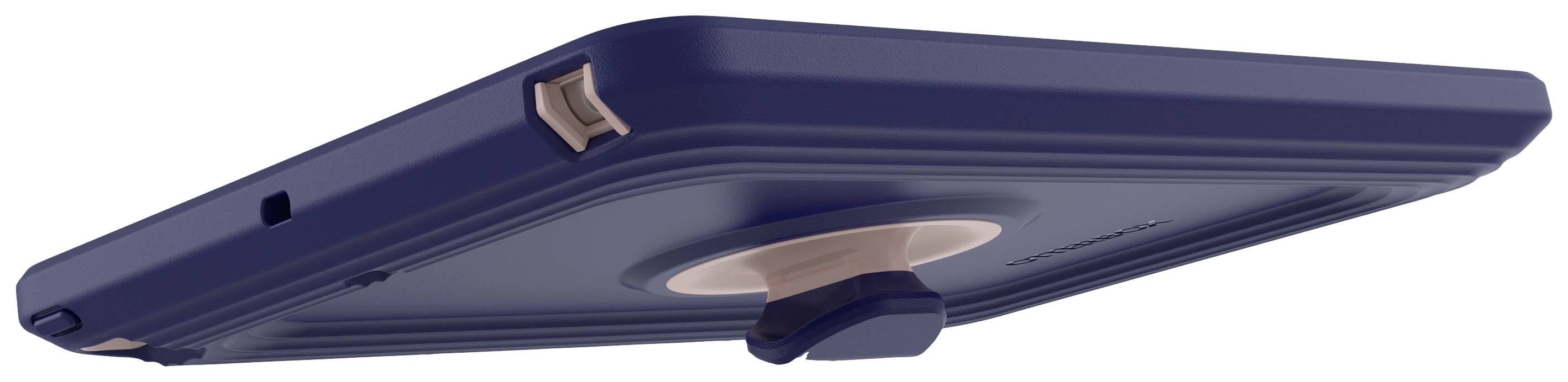 Niebieskie prostokątne urządzenie z okrągłą, obrotową podstawą pośrodku, zapewniające wszechstronne możliwości ustawienia.