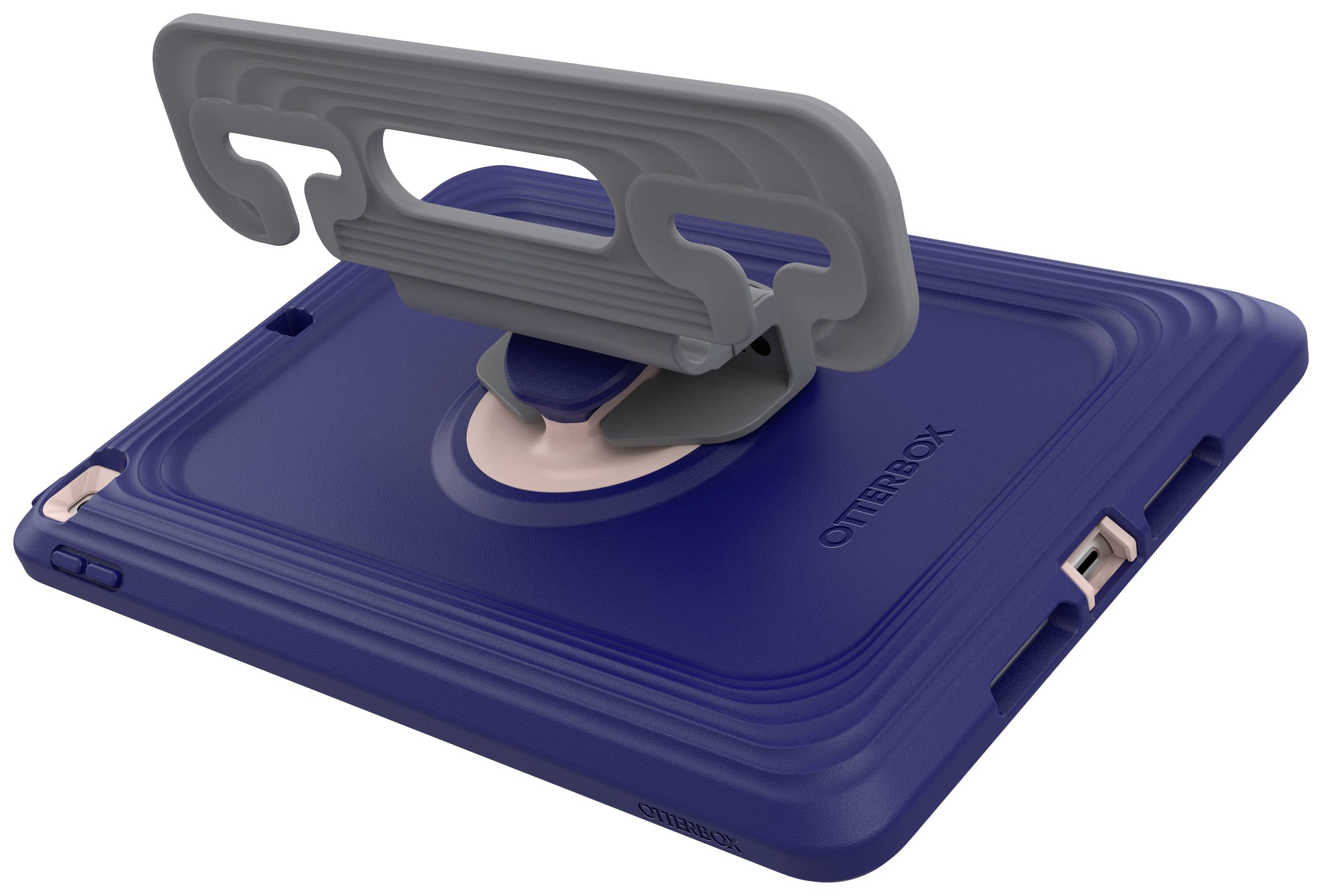 Niebieski tablet z szarym, składanym wspornikiem, leżący na płaskiej powierzchni. Nazwa marki 'OtterBox' widoczna.