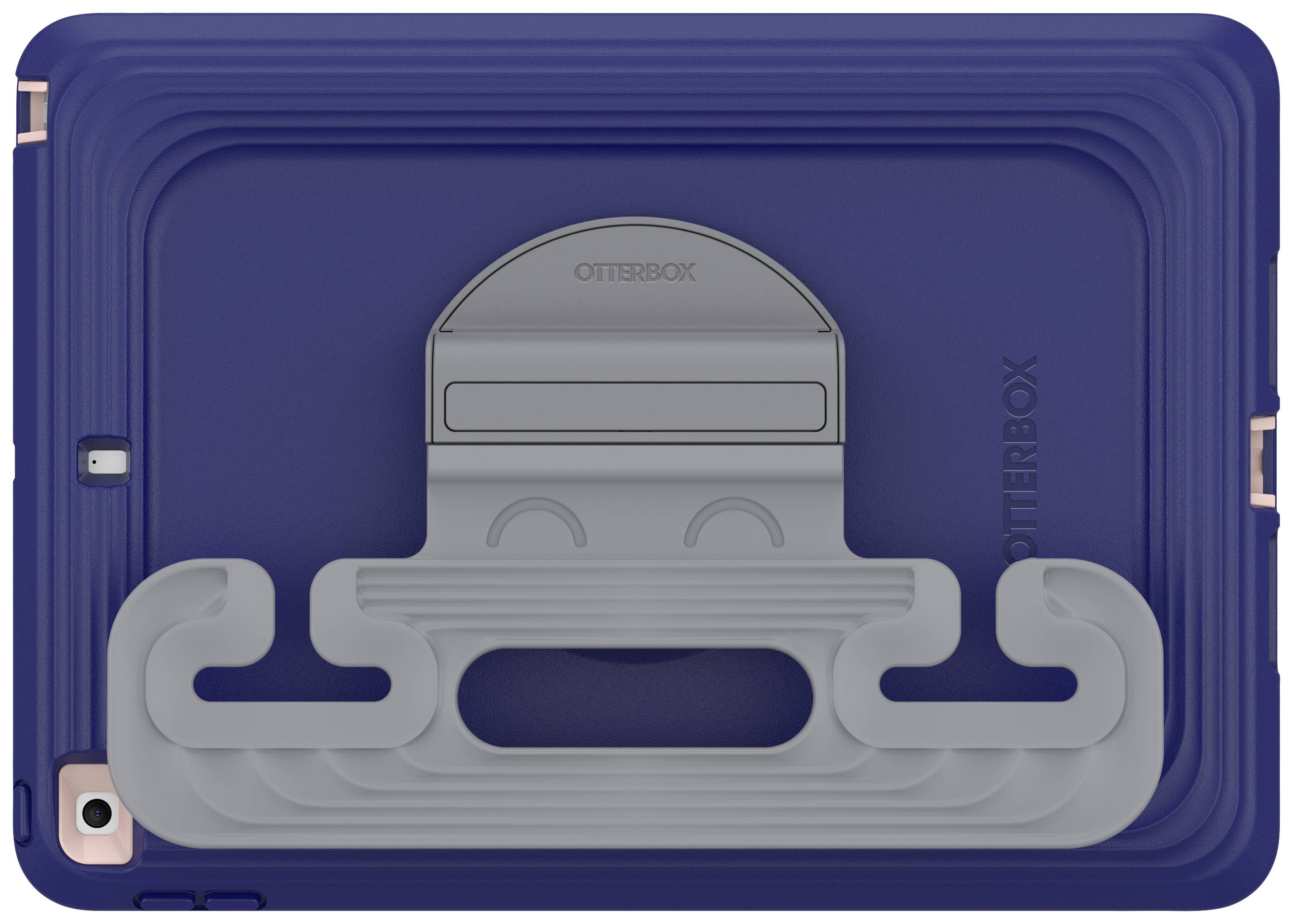 Ciemnoniebieskie etui na tablet z szarą podstawką w kształcie stylizowanego wyrazu twarzy. Widoczna nazwa marki 'Otterbox'.