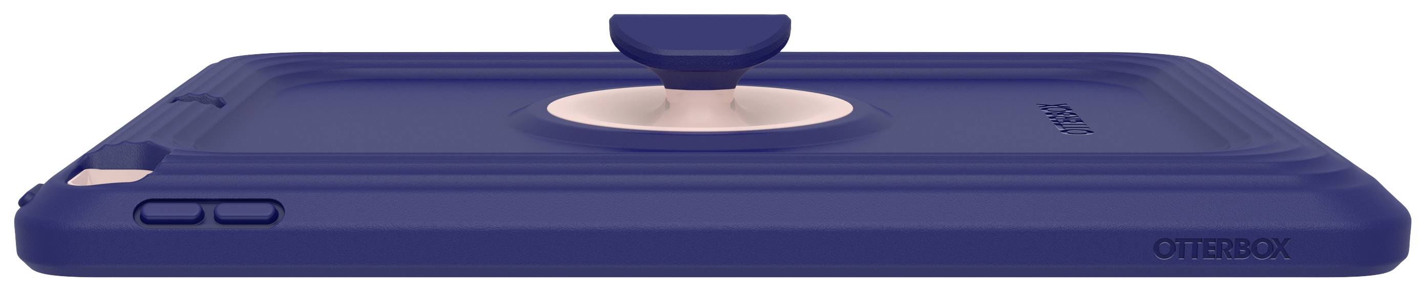 Niebieskie etui na smartfona z zintegrowaną podstawką z tyłu, prezentowane w poziomie. Po lewej stronie widoczne są dwa przyciski.